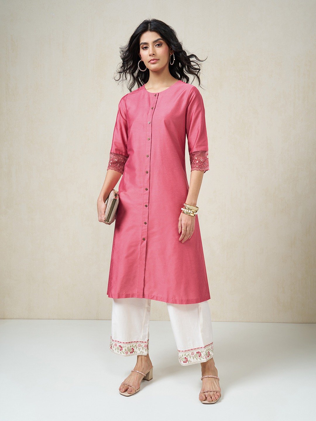 Pink Floral Embroidered A-line Celebration Kurta
