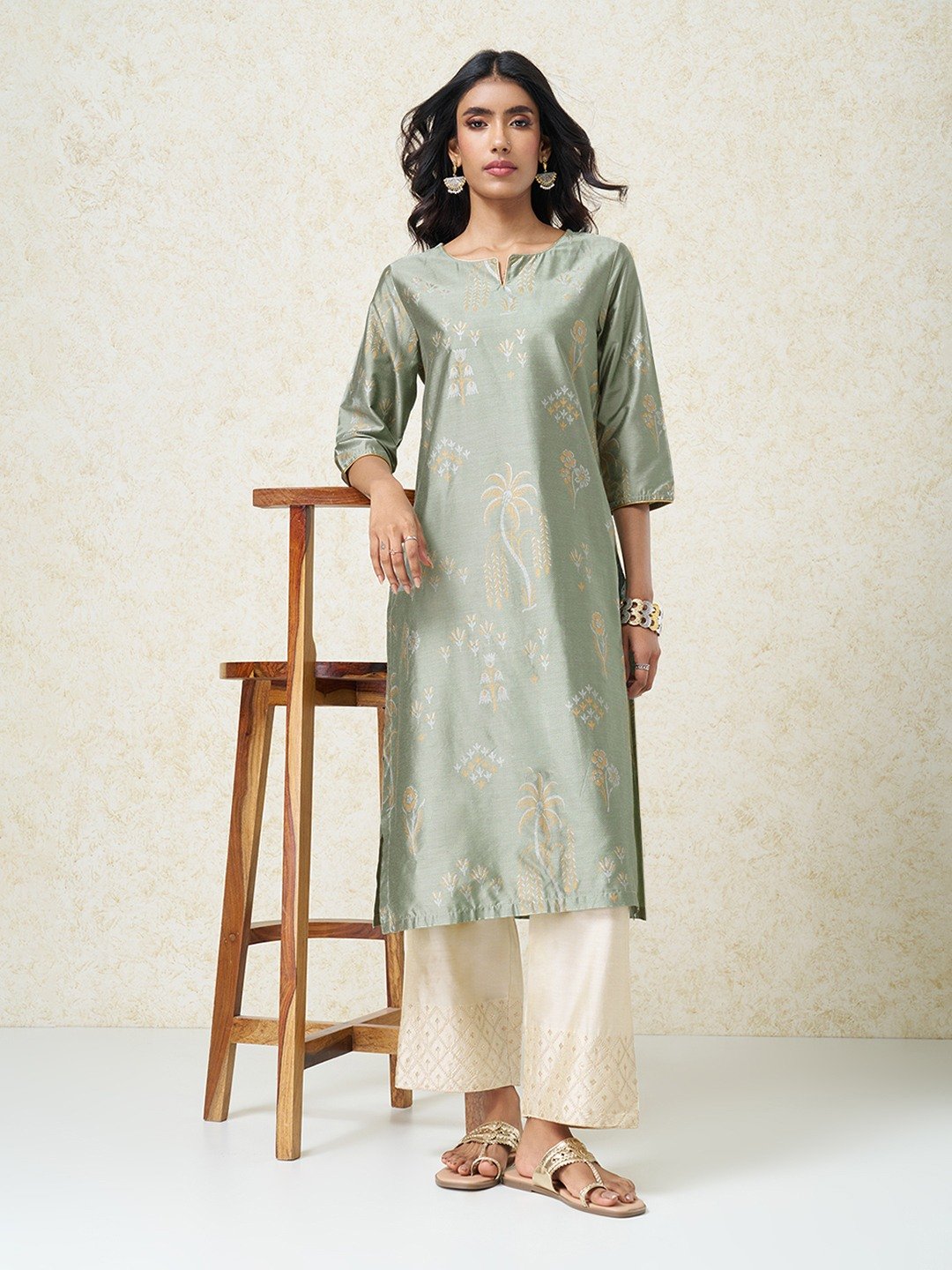 Mint Ethnic Botanical Motif Print Celebration Kurta