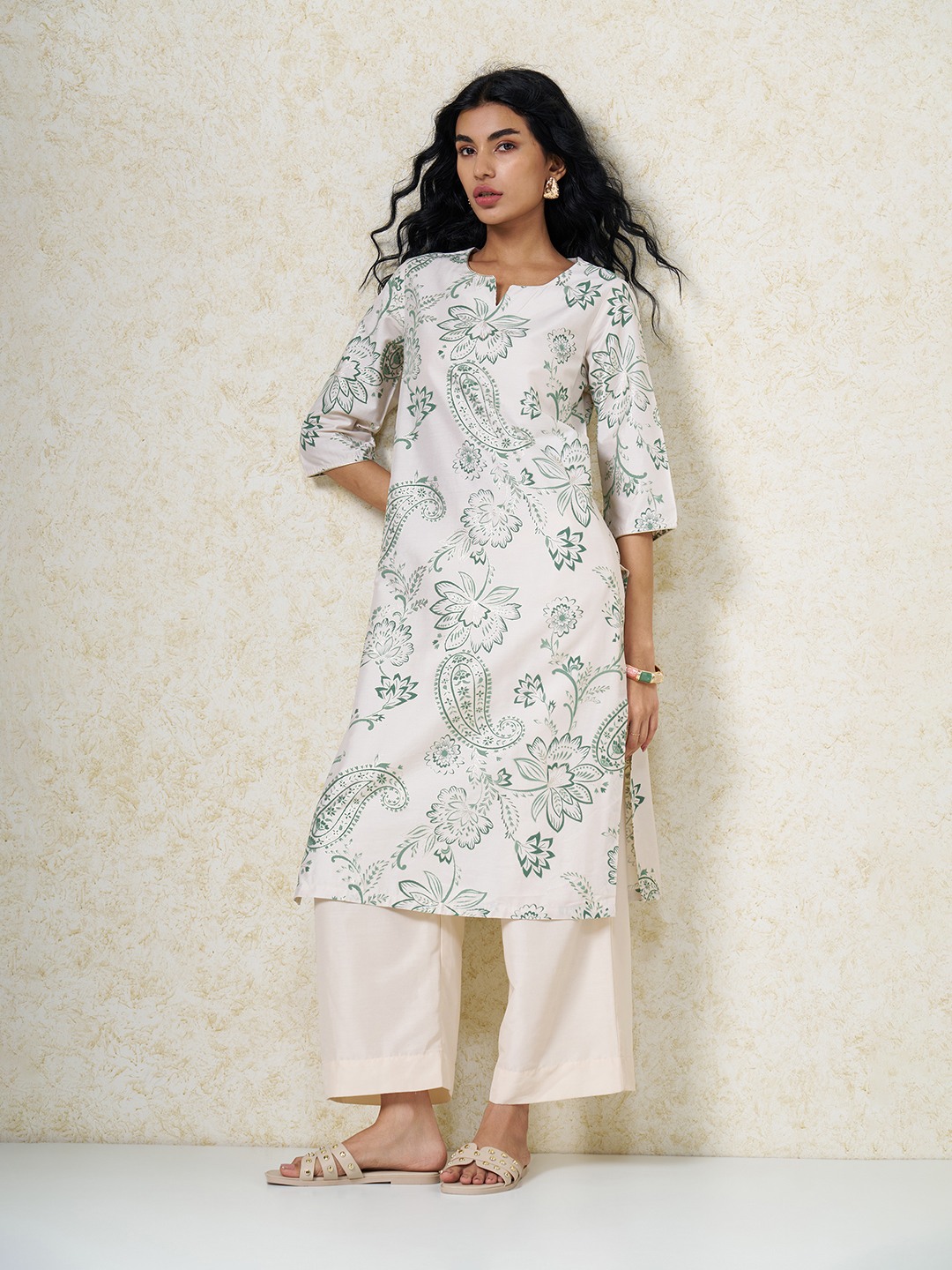 Mint Paisley Floral Print Celebration Kurta