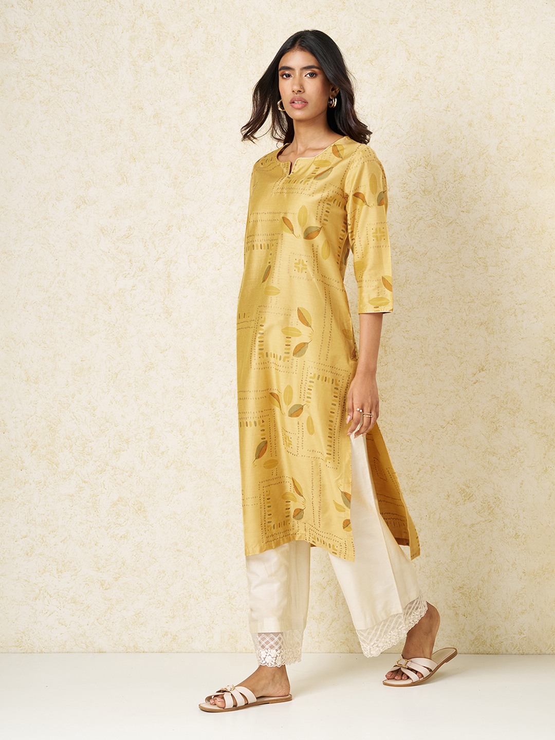 Yellow Leaf Print Celebration Kurta