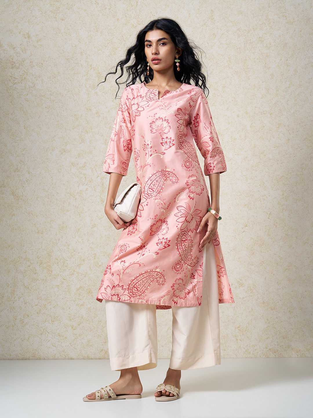 Coral Paisley Floral Print Celebration Kurta