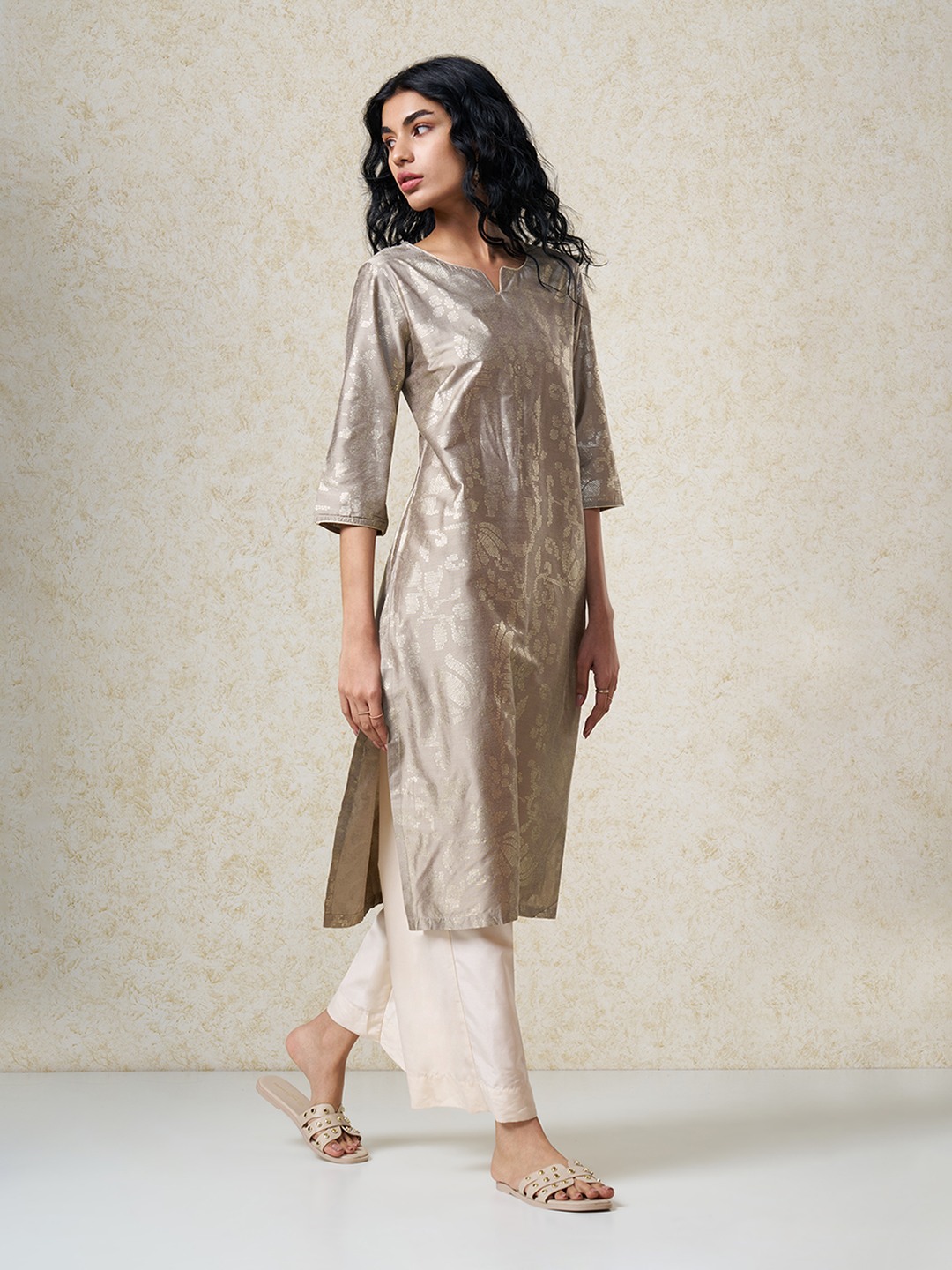 Taupe Floral Print Celebration Kurta