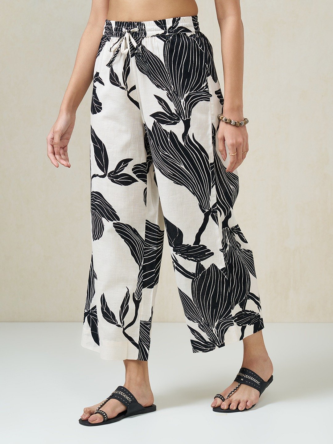 Ivory Botanical Print Wide Leg Pants