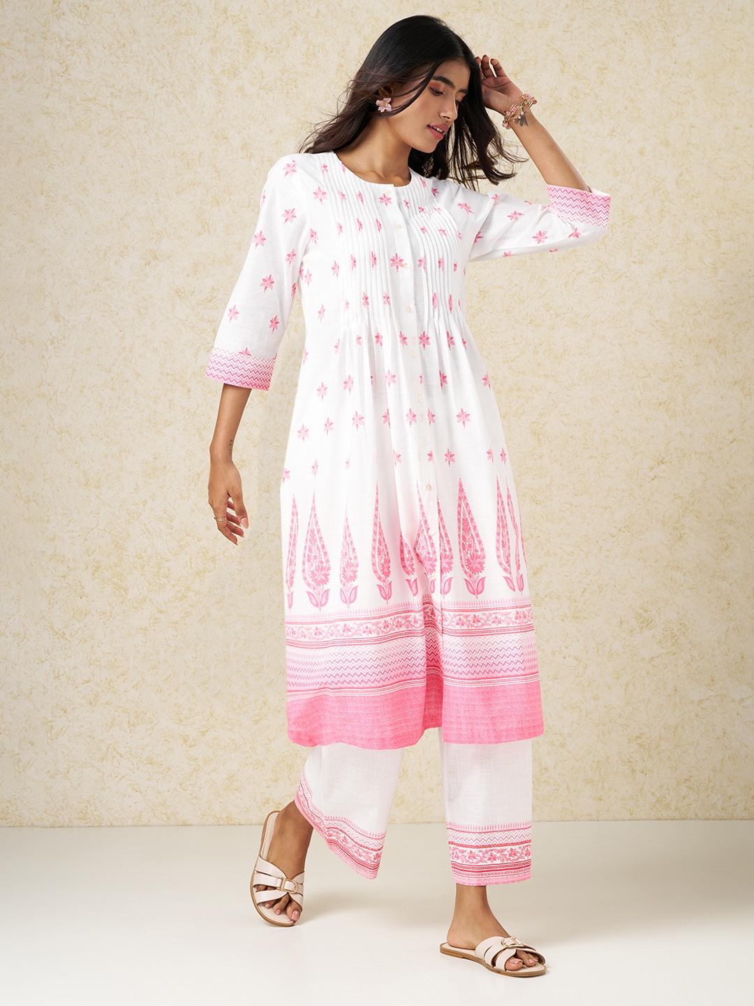 Pink Floral Print Pintuck Kurta