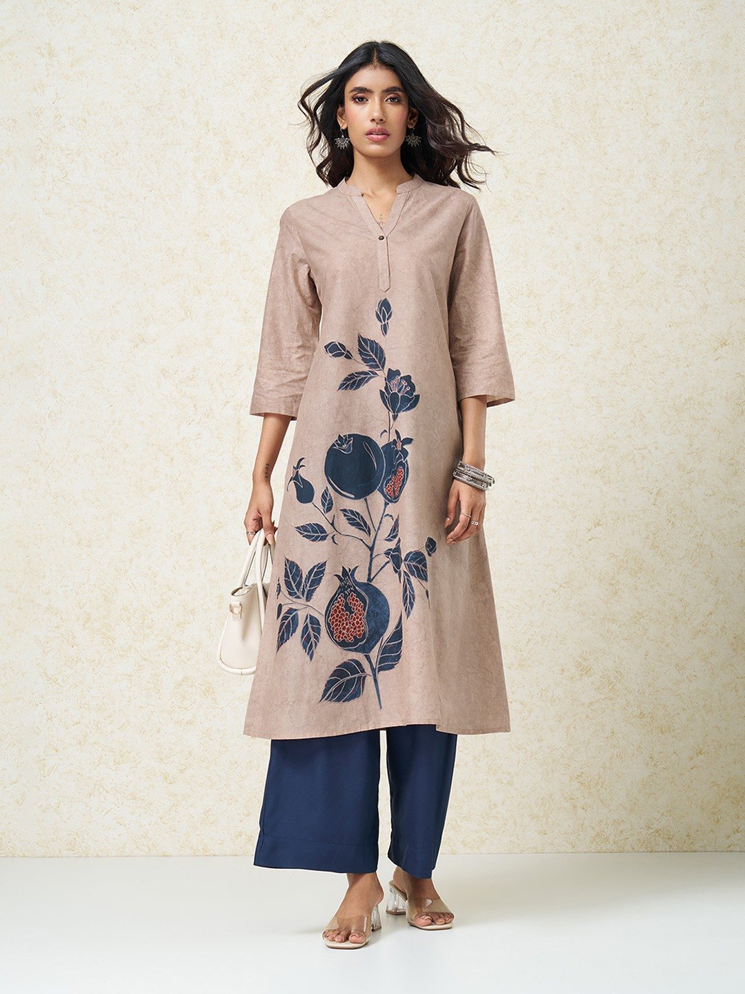 Beige Textured Pomegranate Botanical Print Kurta