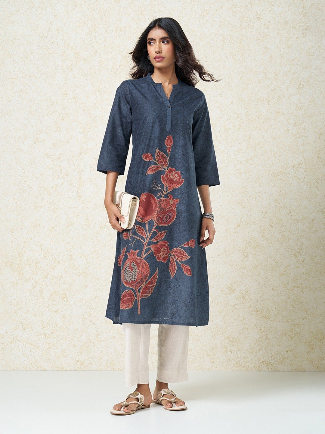 Indigo Textured Pomegranate Botanical Print Kurta