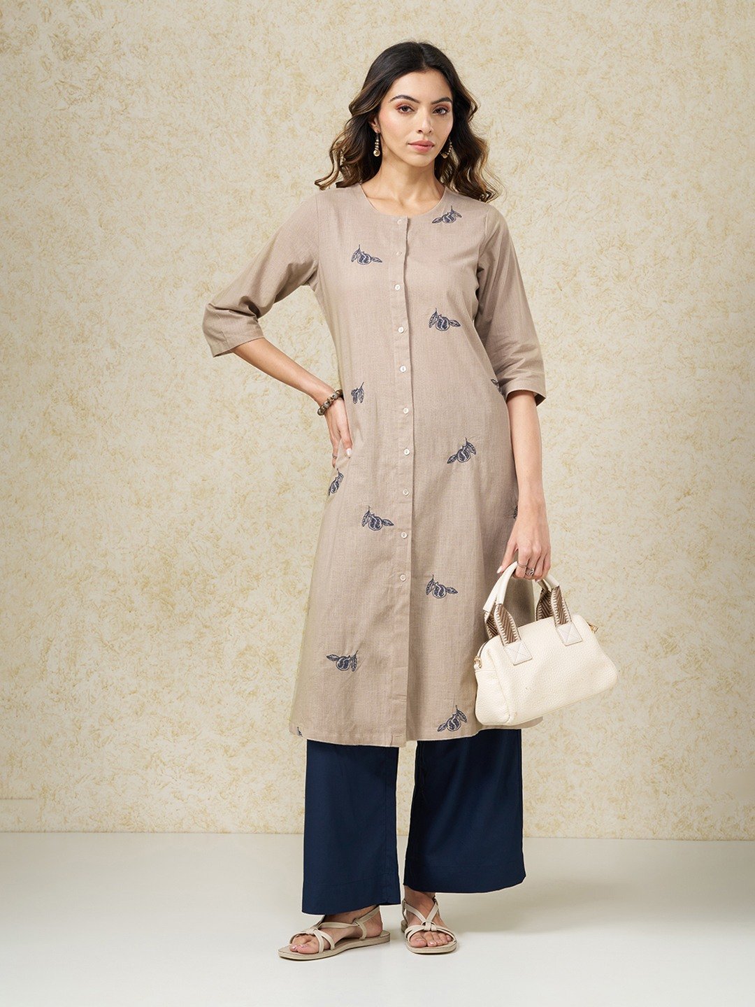 Beige Pomegranate Embroidered Kurta