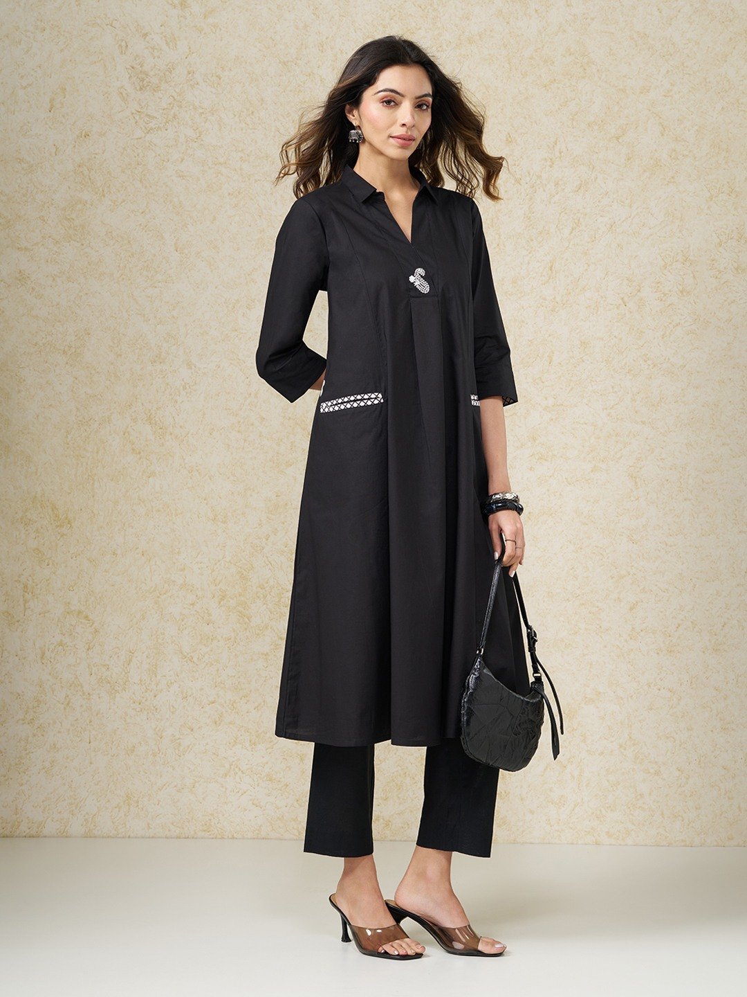 Black Collared Pocket Detail Kurta