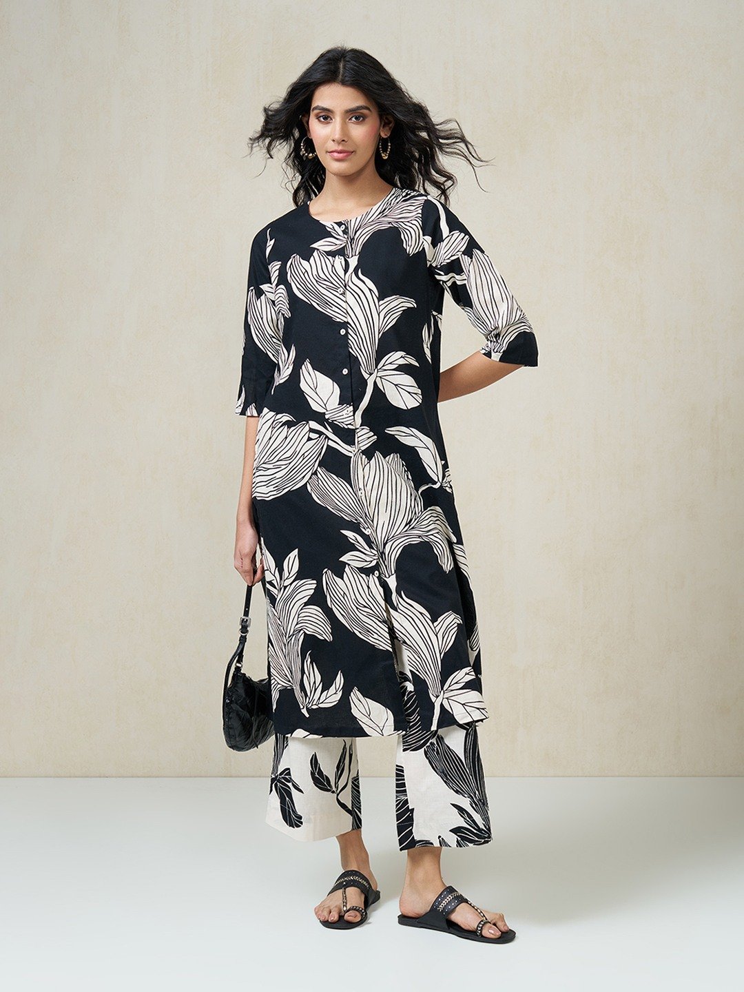 Black Botanical Print A-line Kurta