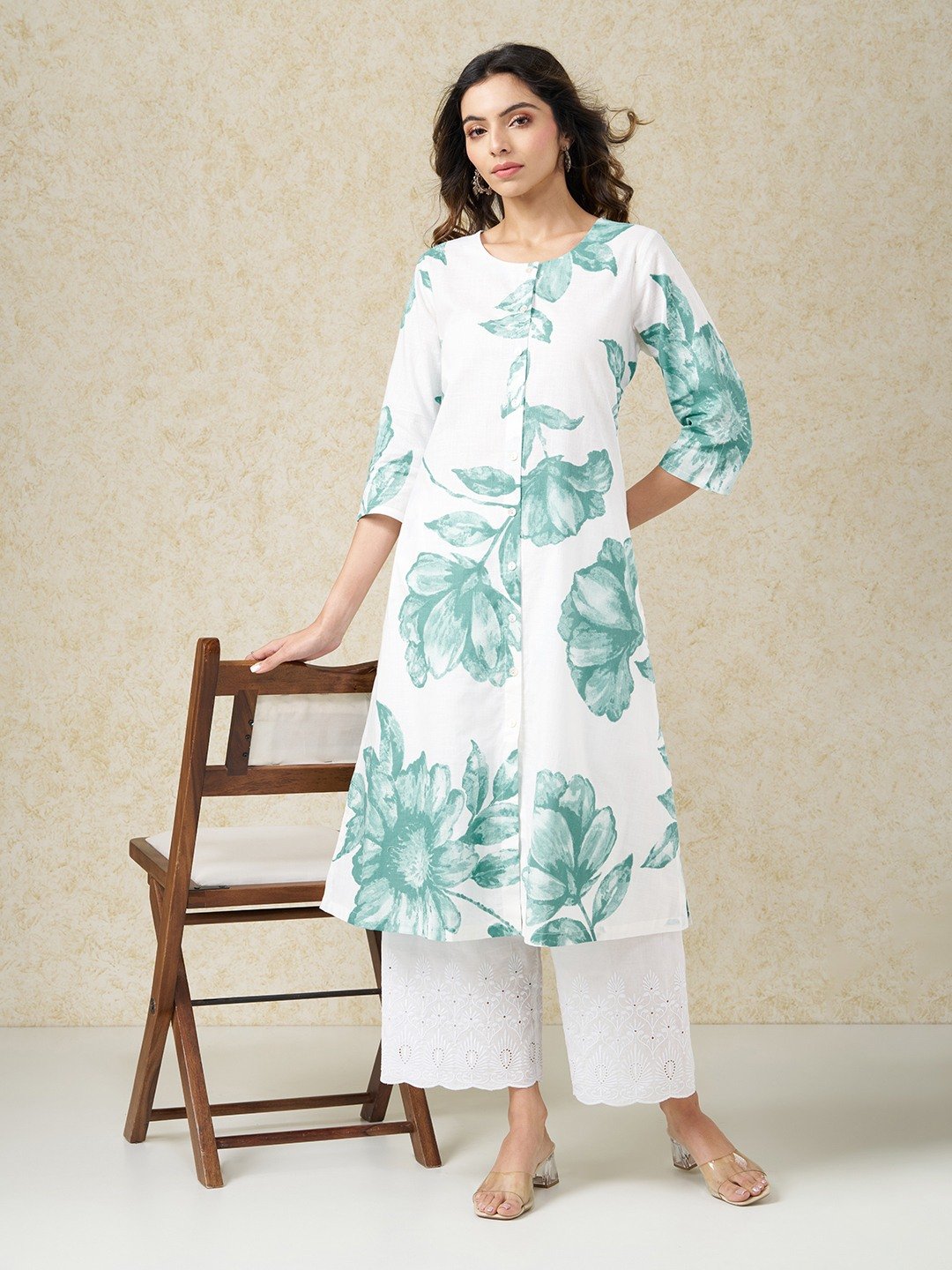 White & Turquoise Floral Print Kurta