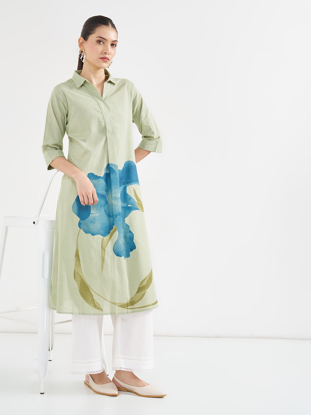 Sage Floral Collared Kurta