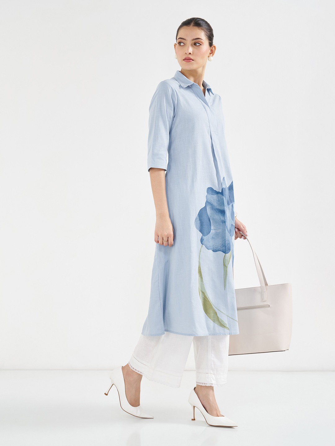 Light Blue Floral Collared Kurta