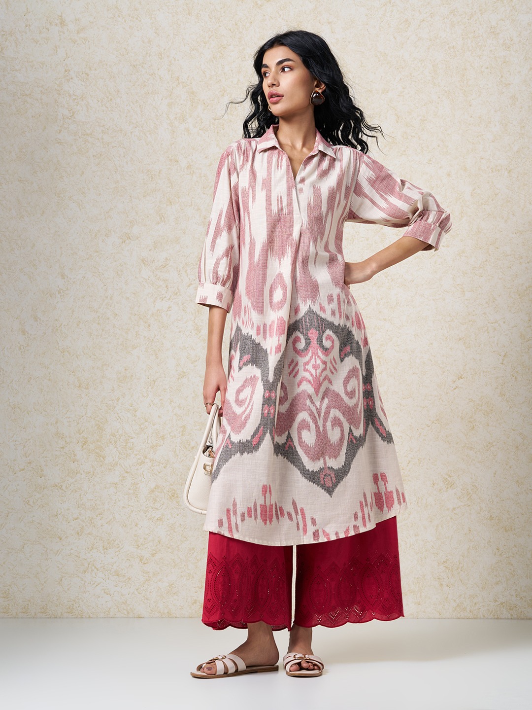 Beige Ikat-Inspired Print Collared Kurta