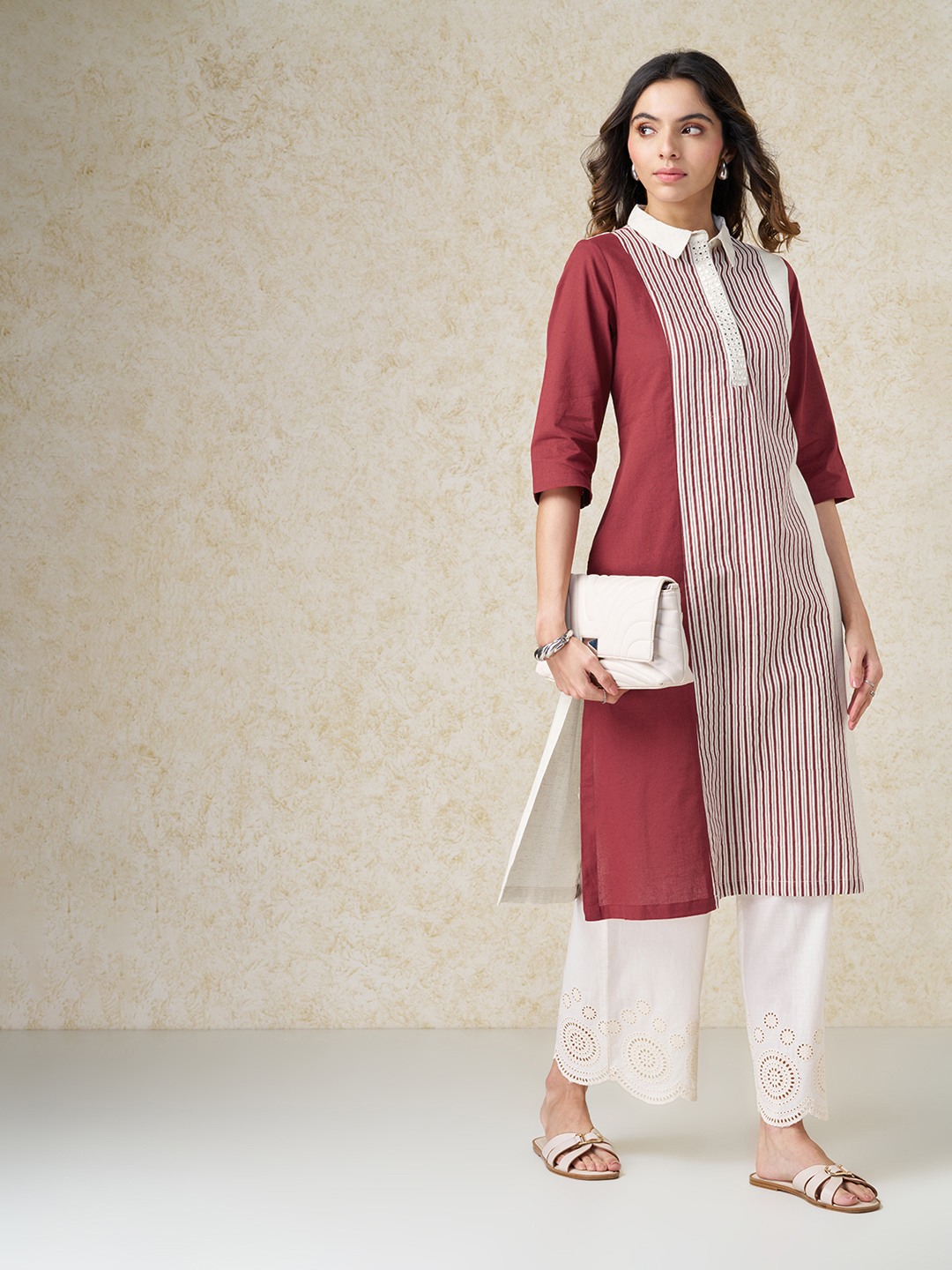 Red Colour Block Striped Mirror-Work Collared Kurta