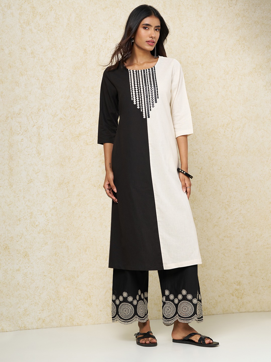 Black and White Colour Block Embellished Kurta