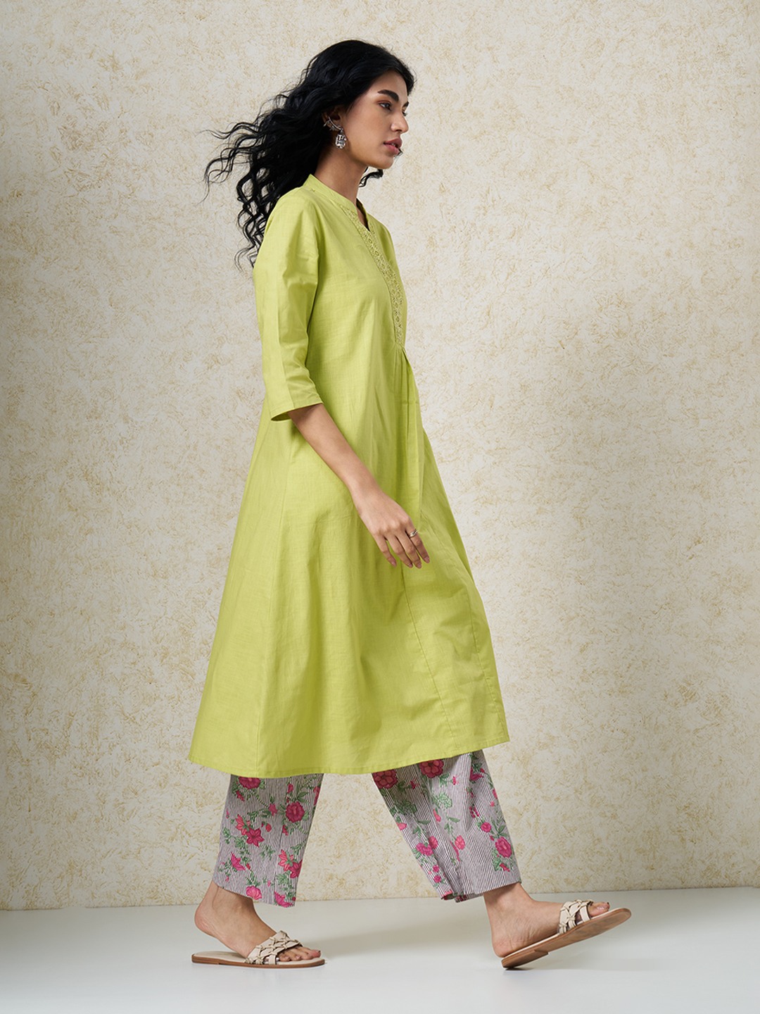 Lime Lace Trim Casual Kurta