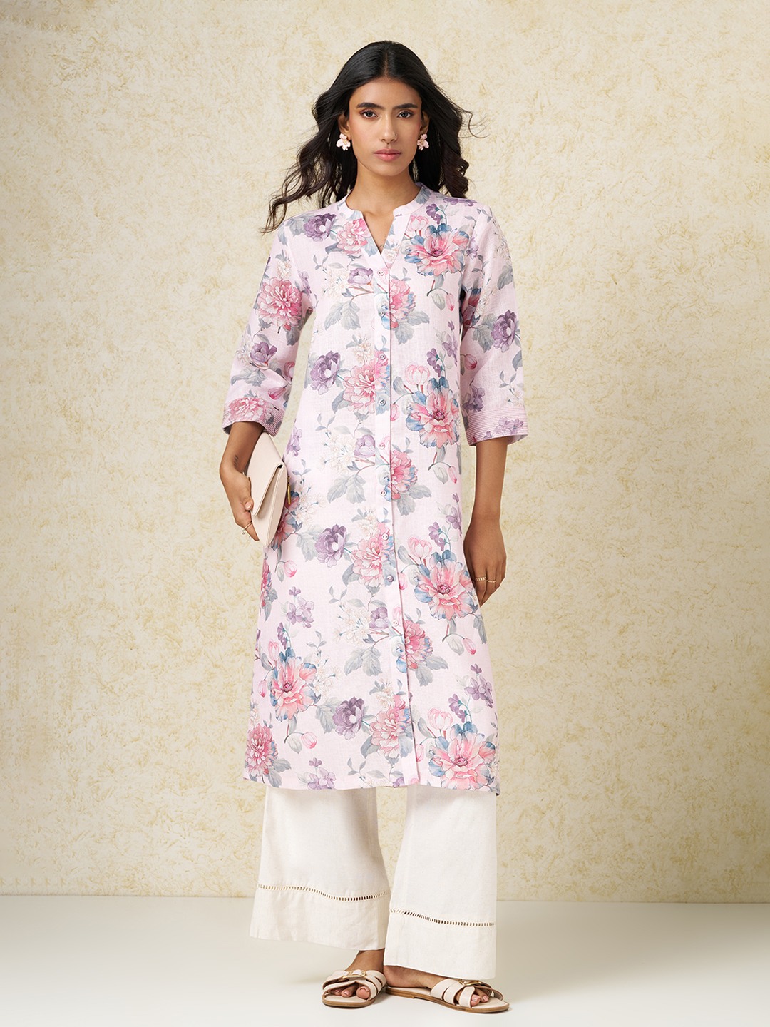 Pink Floral Print Casual Kurta