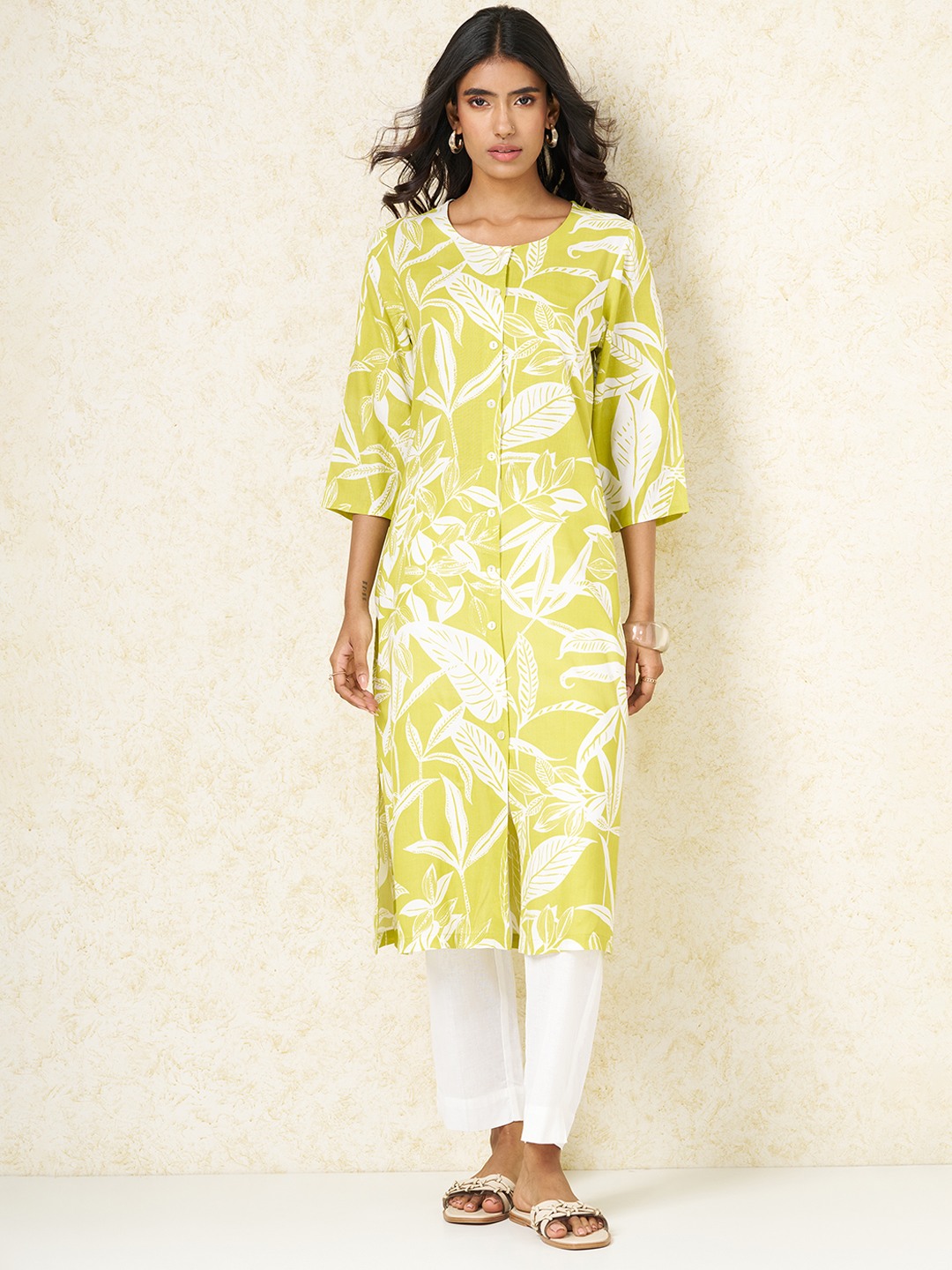 Lime Leafy Print Casual Kurta