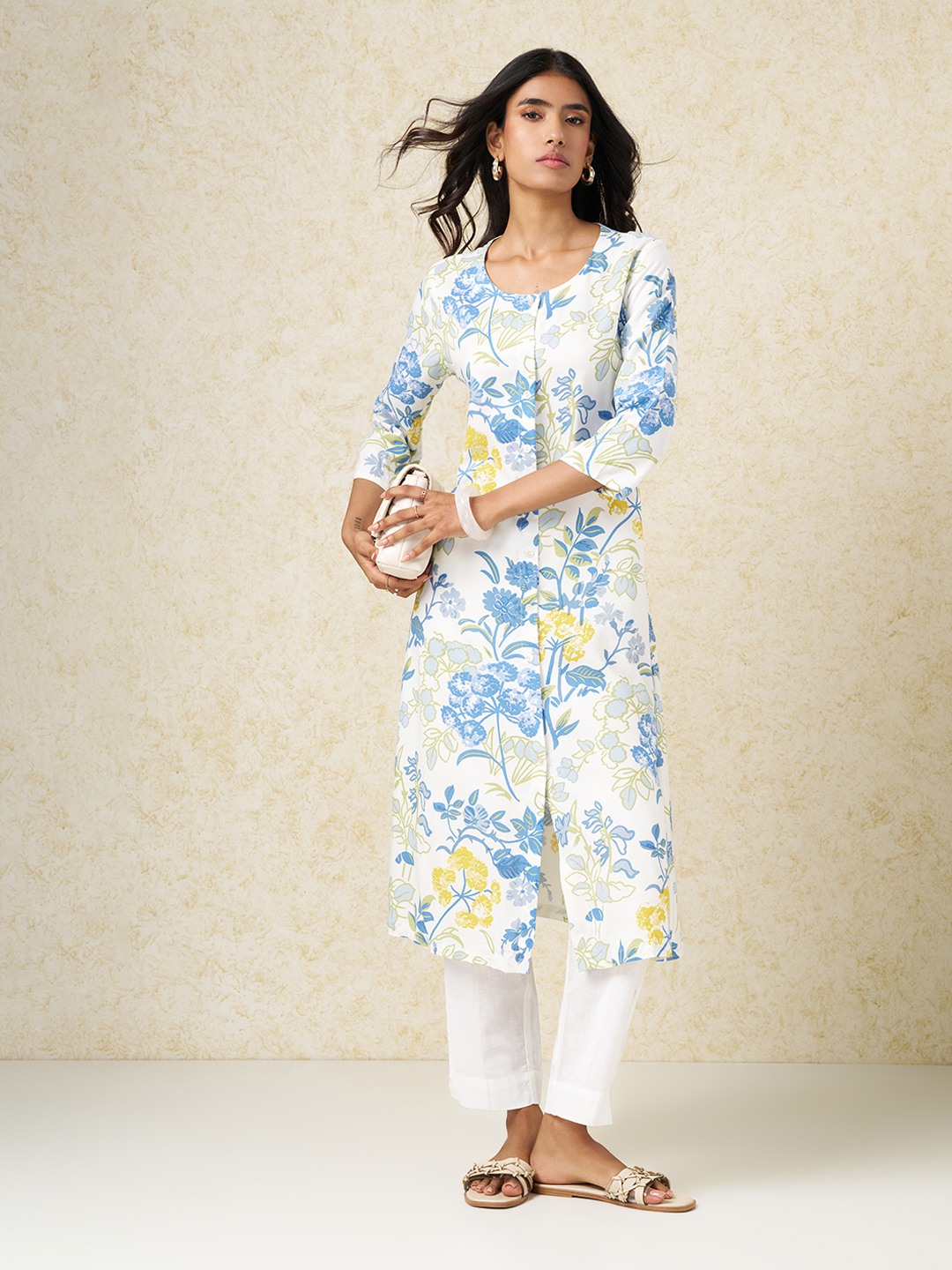 White Floral Print Casual Kurta
