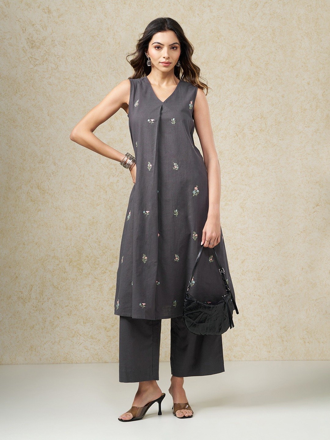 Charcoal Embroidered Sleeveless Kurta & Pants Ethnic Workwear Set