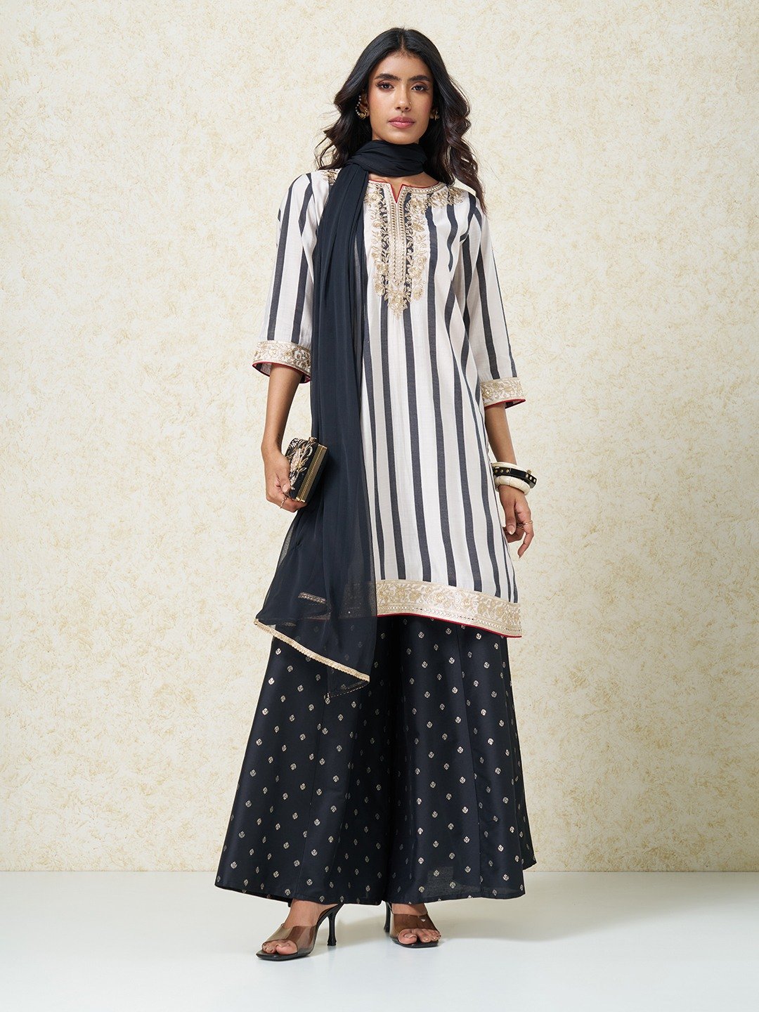 Black Striped Embroidered Kurta A-line Foil Print Flared Maxi Skirt & Sheer Dupatta Set