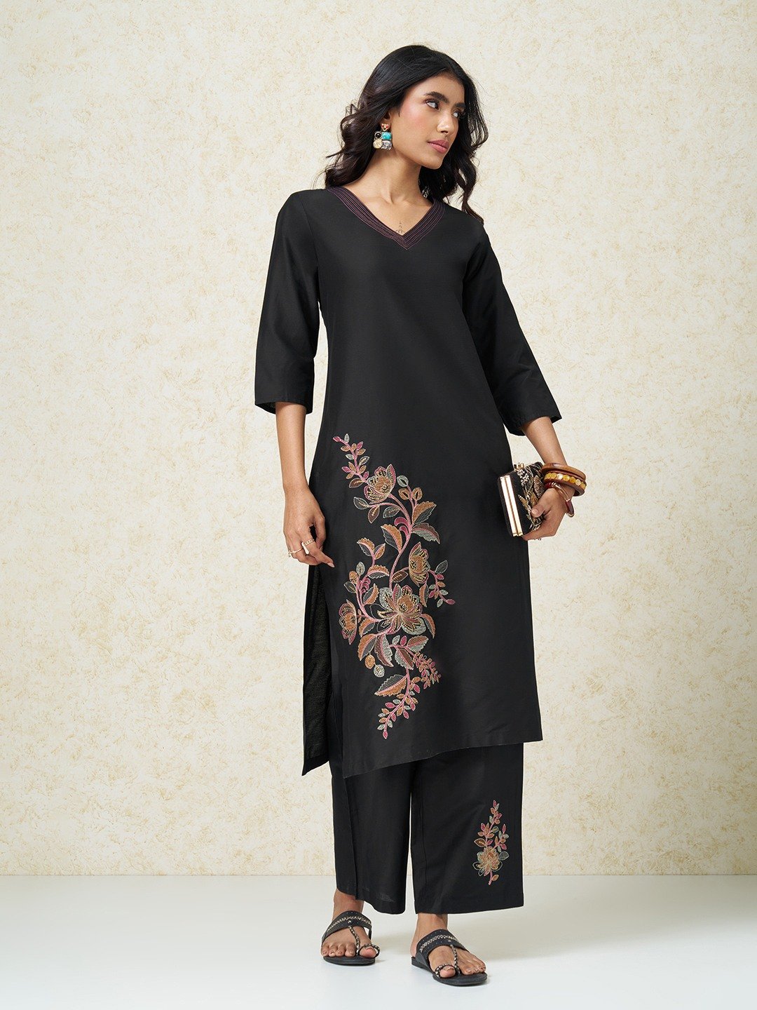 Black Botanical Embroidered Kurta & Pants Set