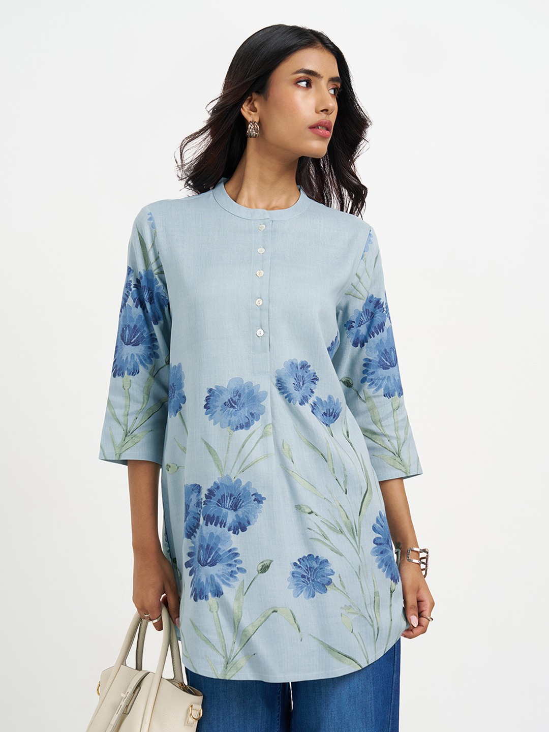 Light Blue Floral Print Mandarin Collar Tunic