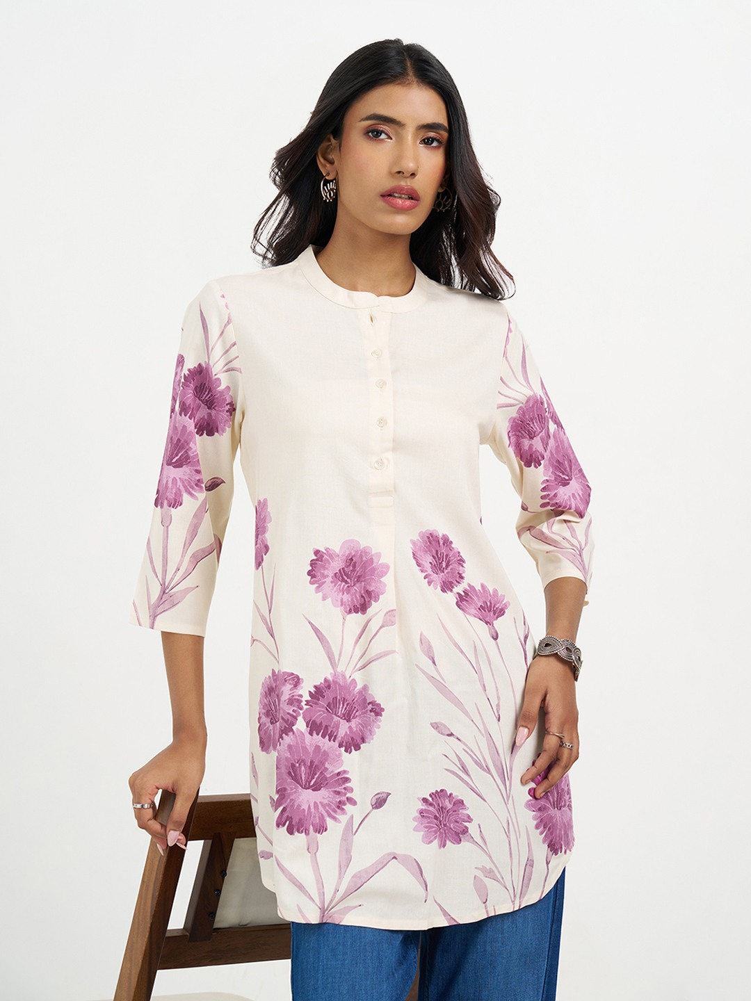 Ivory Floral Print Mandarin Collar Tunic