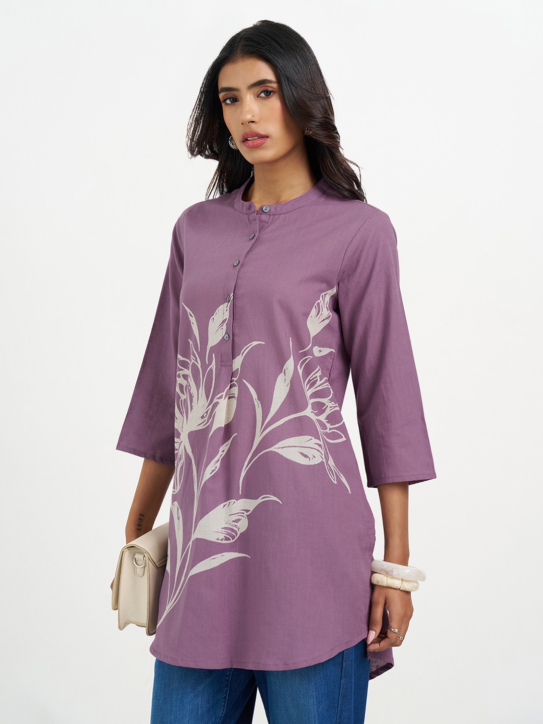 Mauve Floral Print Mandarin Collar Tunic