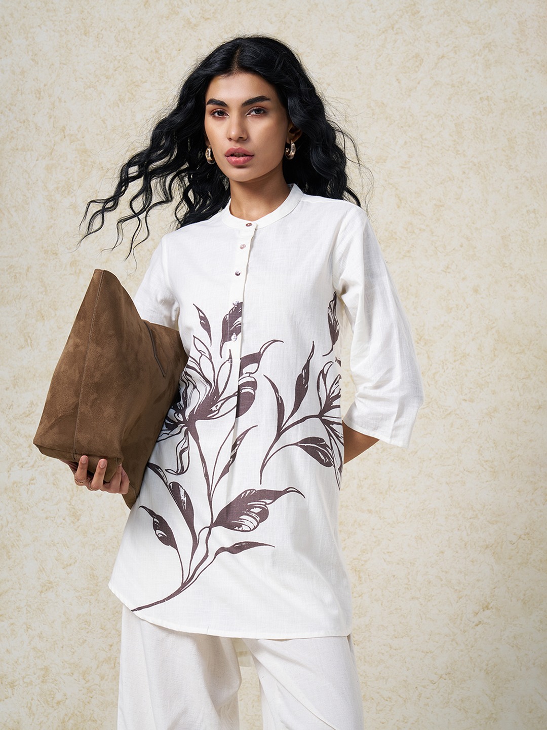 Off-White Floral Print Mandarin Collar Tunic