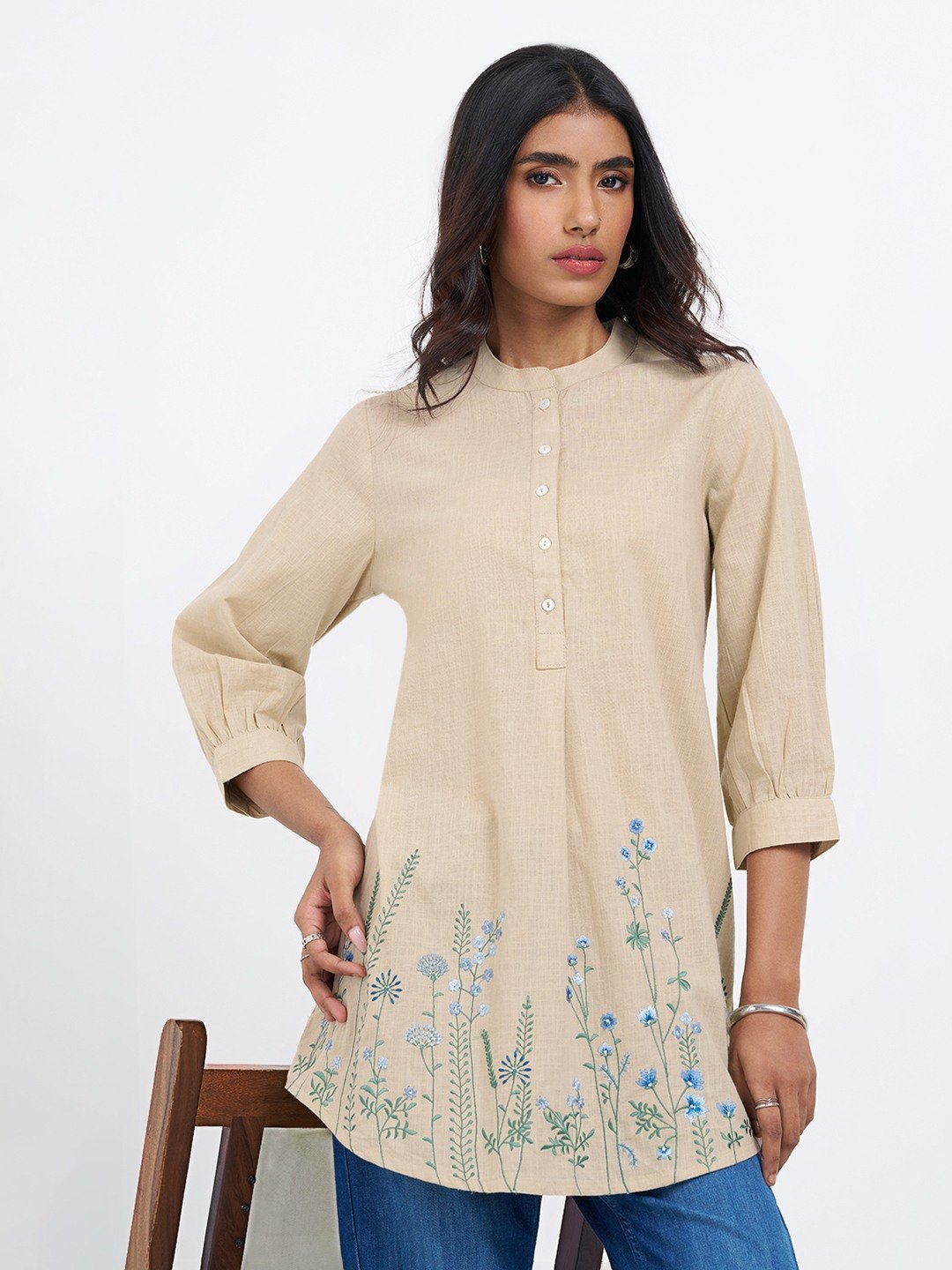 Cream Floral Embroidered Tunic