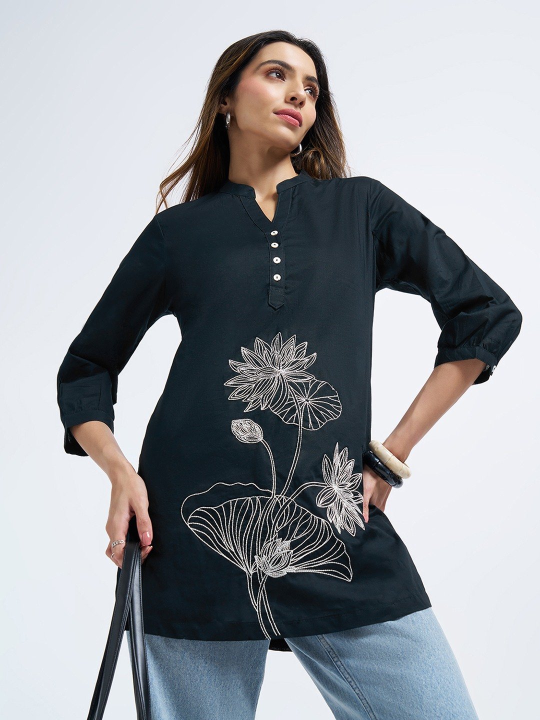 Black Floral Embroidered Tunic