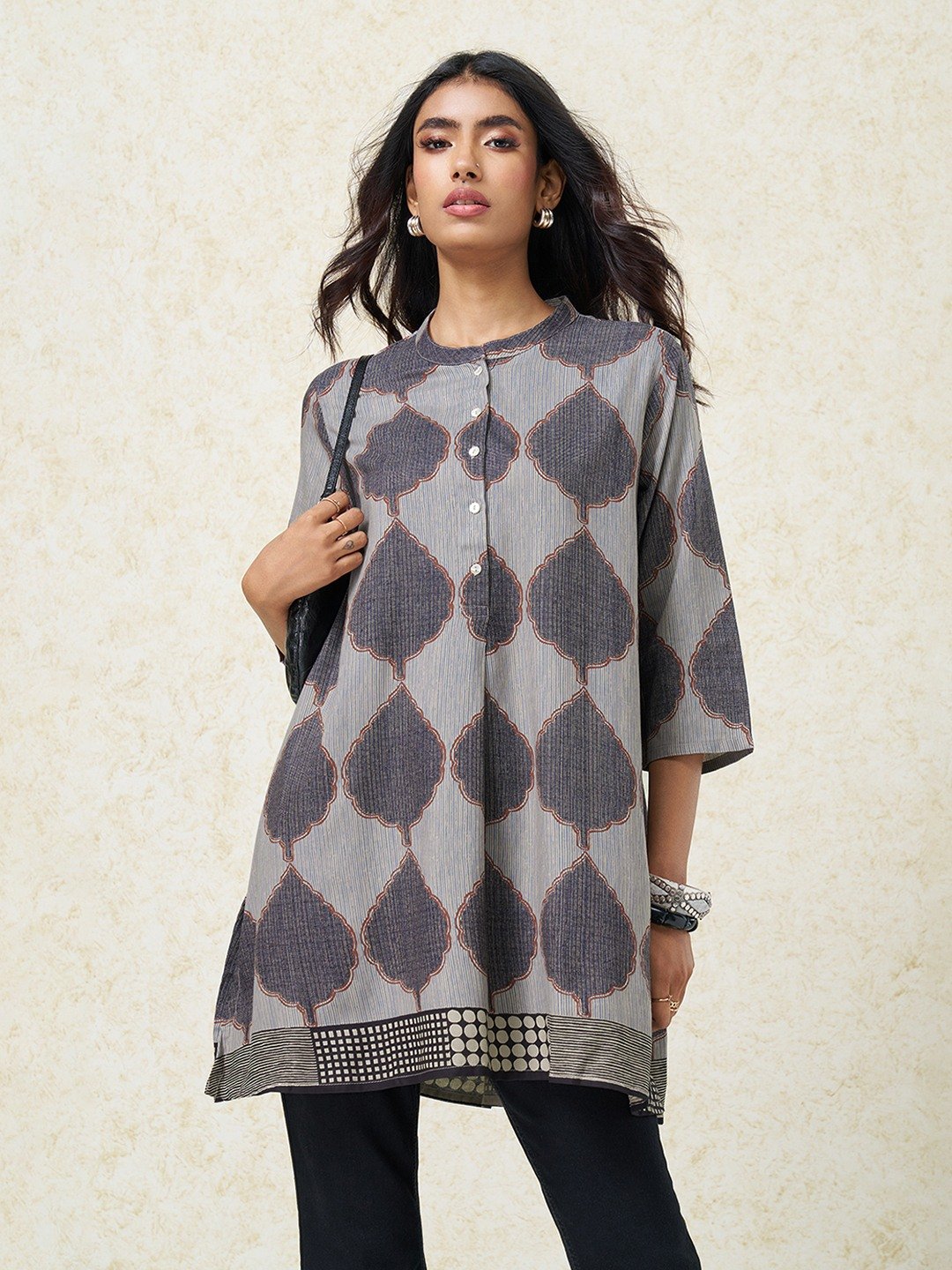 Grey Geometric Print Flared Tunic