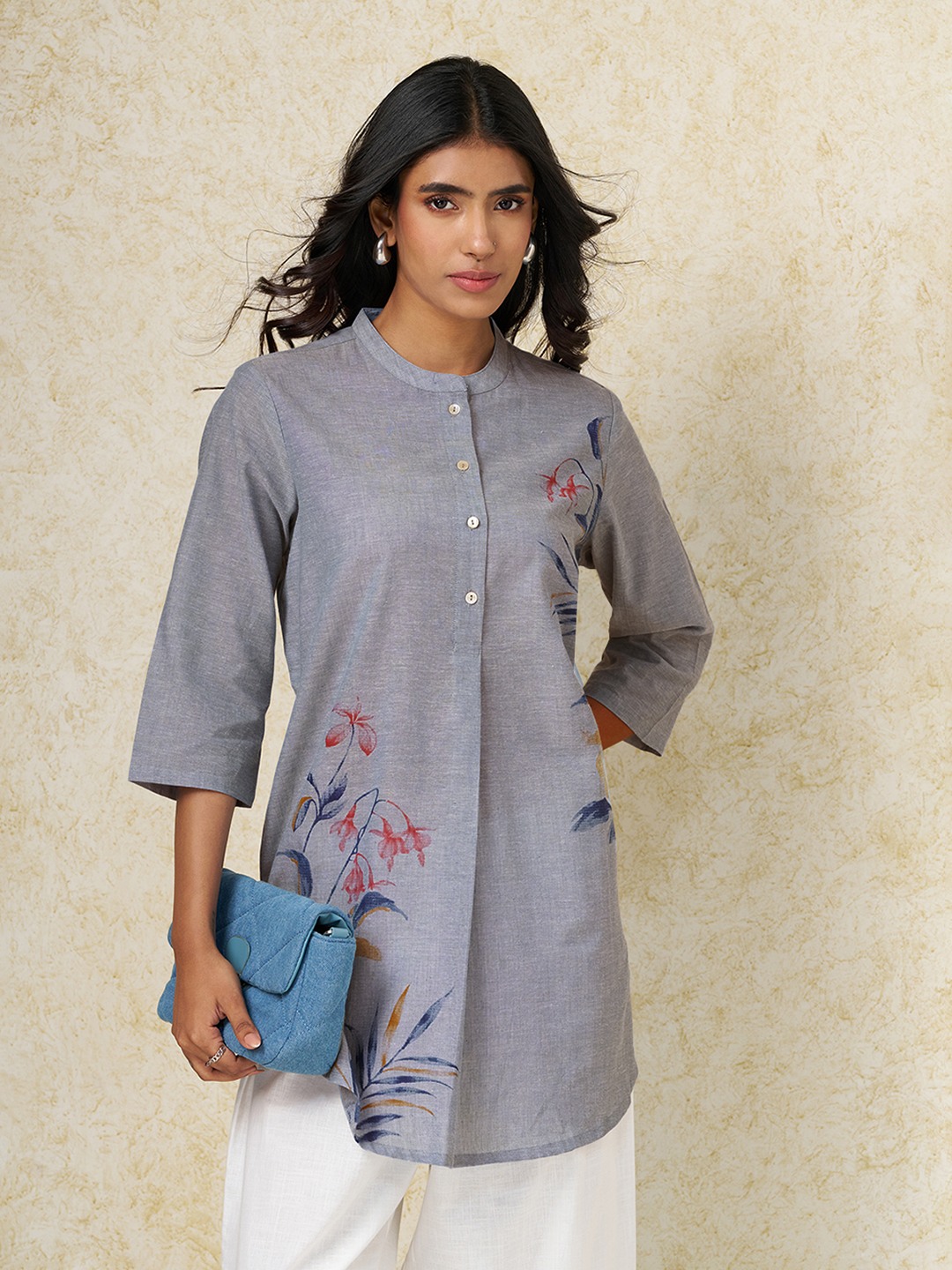 Blue Floral Print Mandarin Collar Tunic