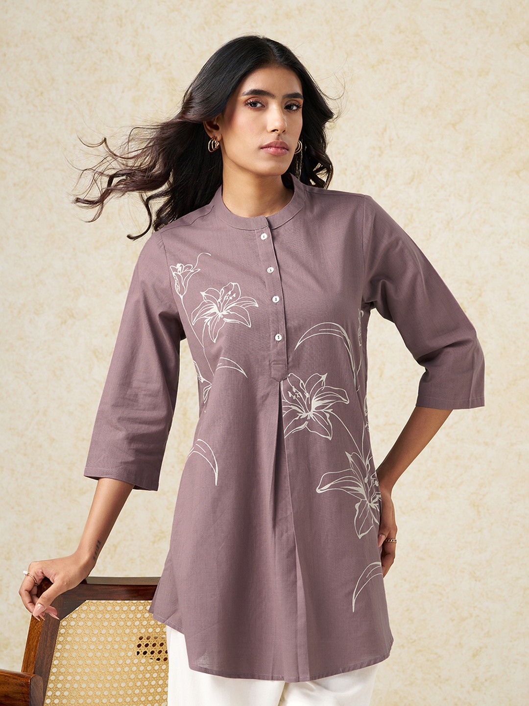 Lilac Floral Print Mandarin Collar Tunic