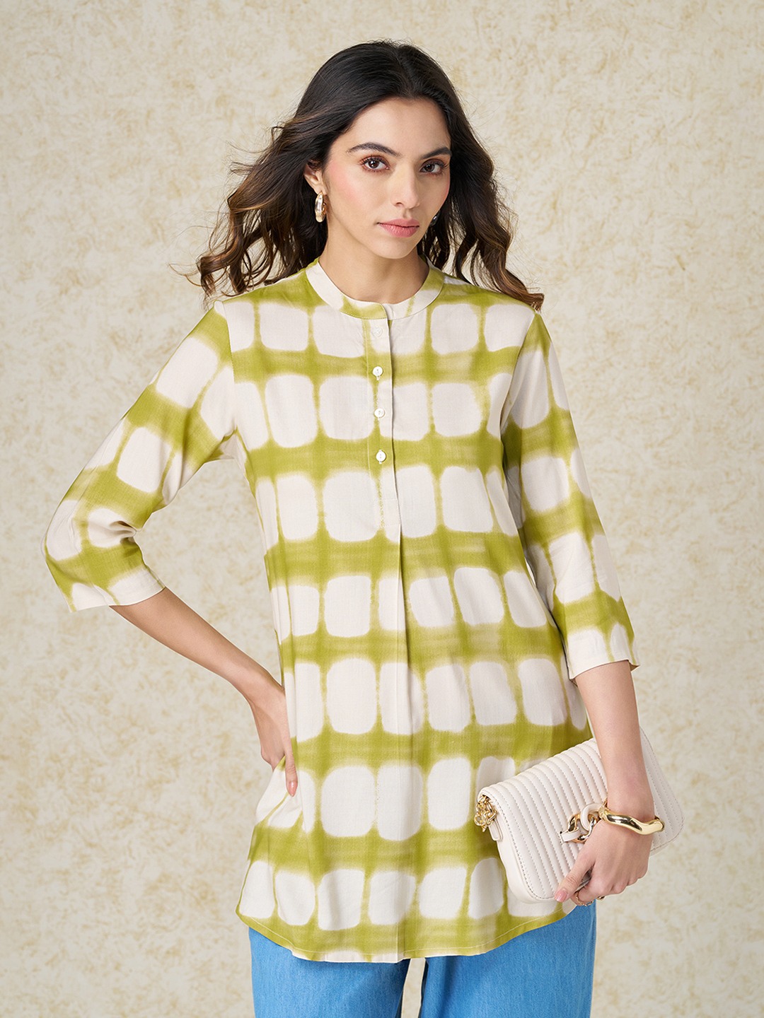 Lime Tie-Dye Print Mandarin Collar Tunic