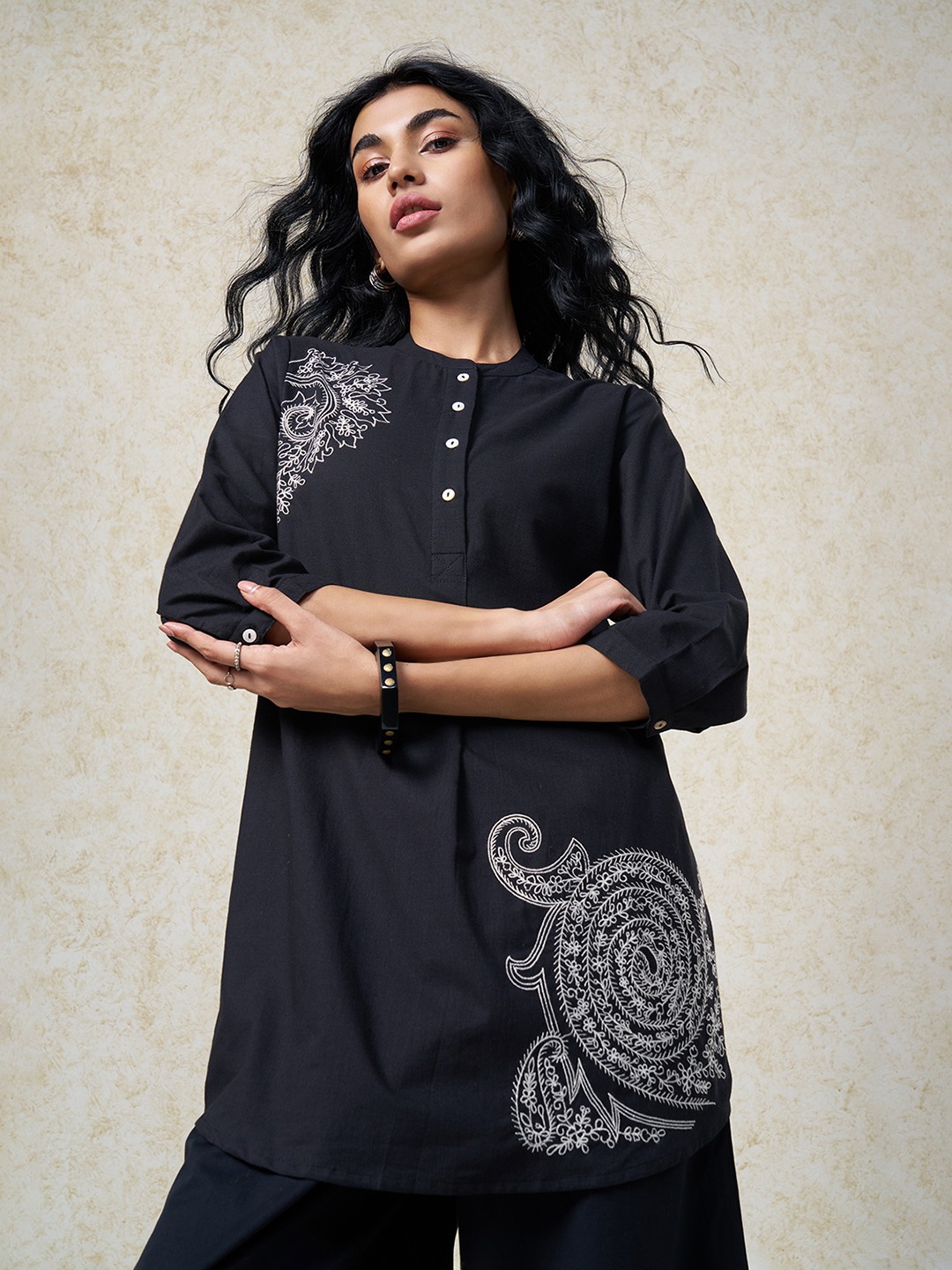 Black Embroidered Mandarin Collar Tunic
