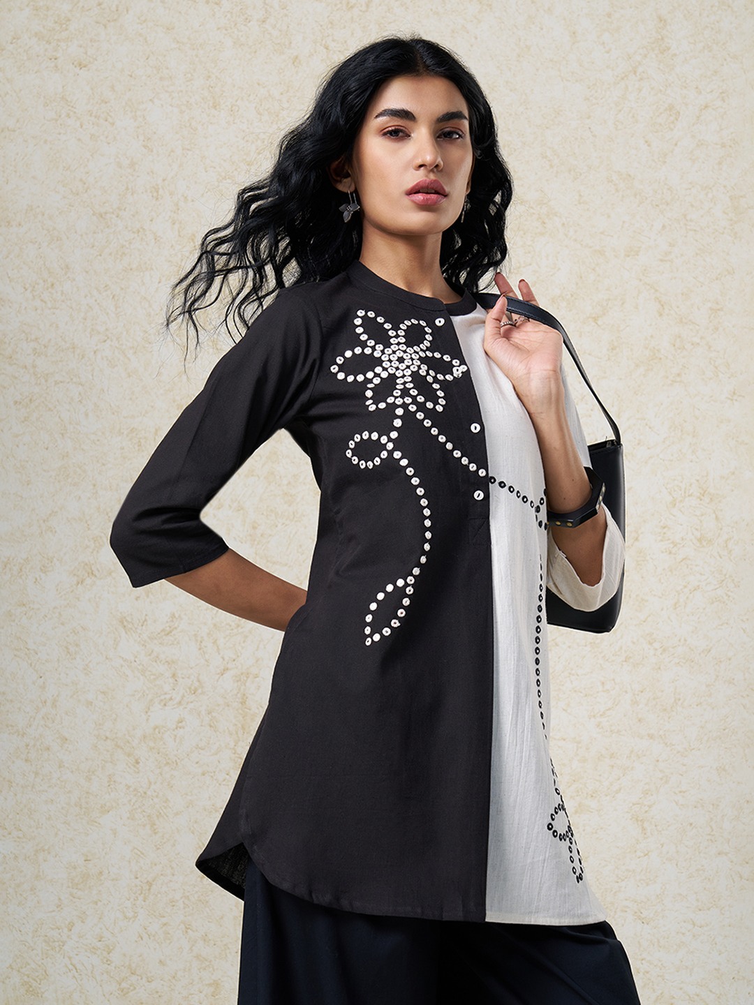 Black & Off-White Colour Block Embellished Tunic