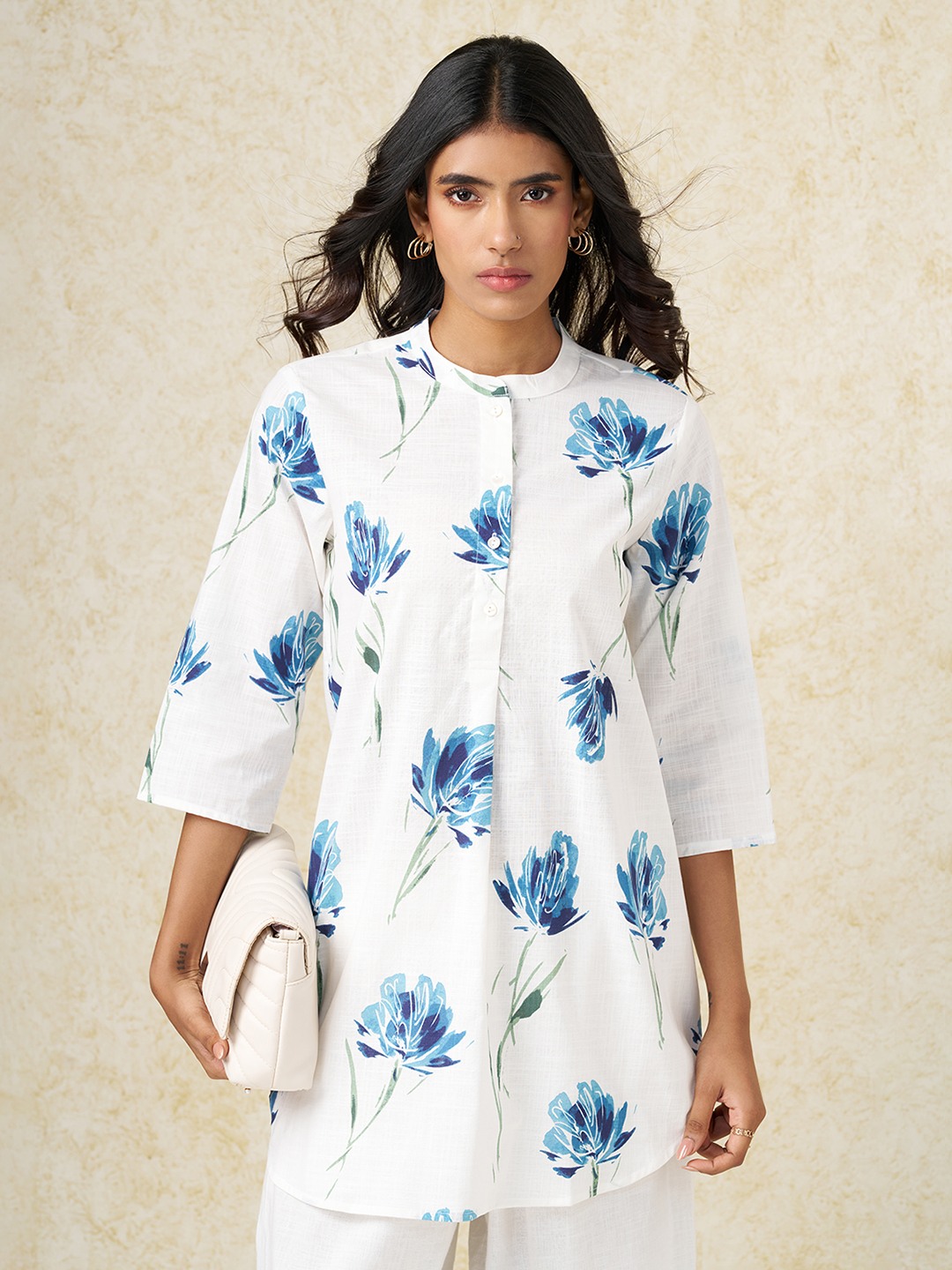 White Floral Print Mandarin Collar Tunic