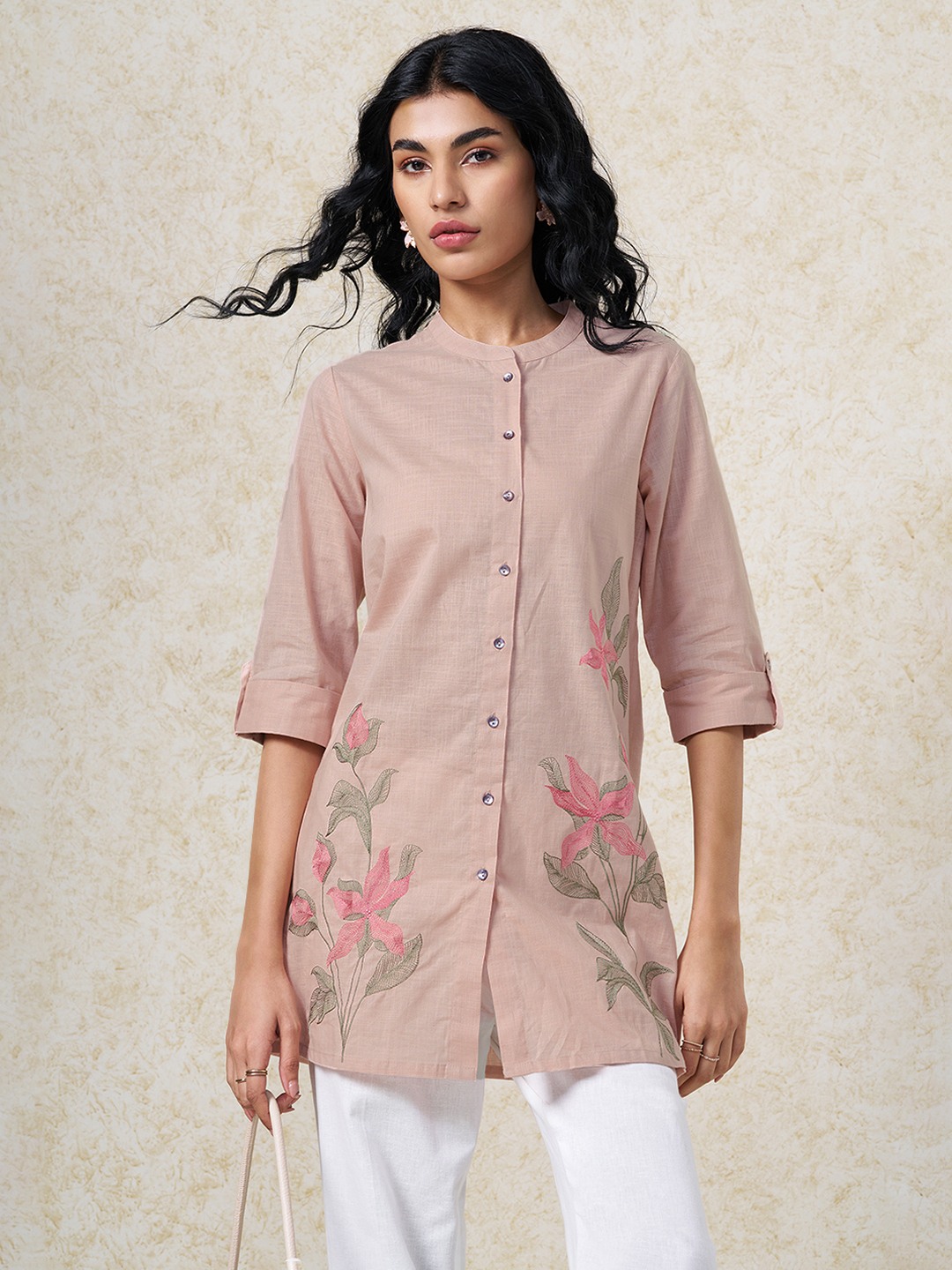 Blush Floral Embroidered Mandarin Collar Tunic