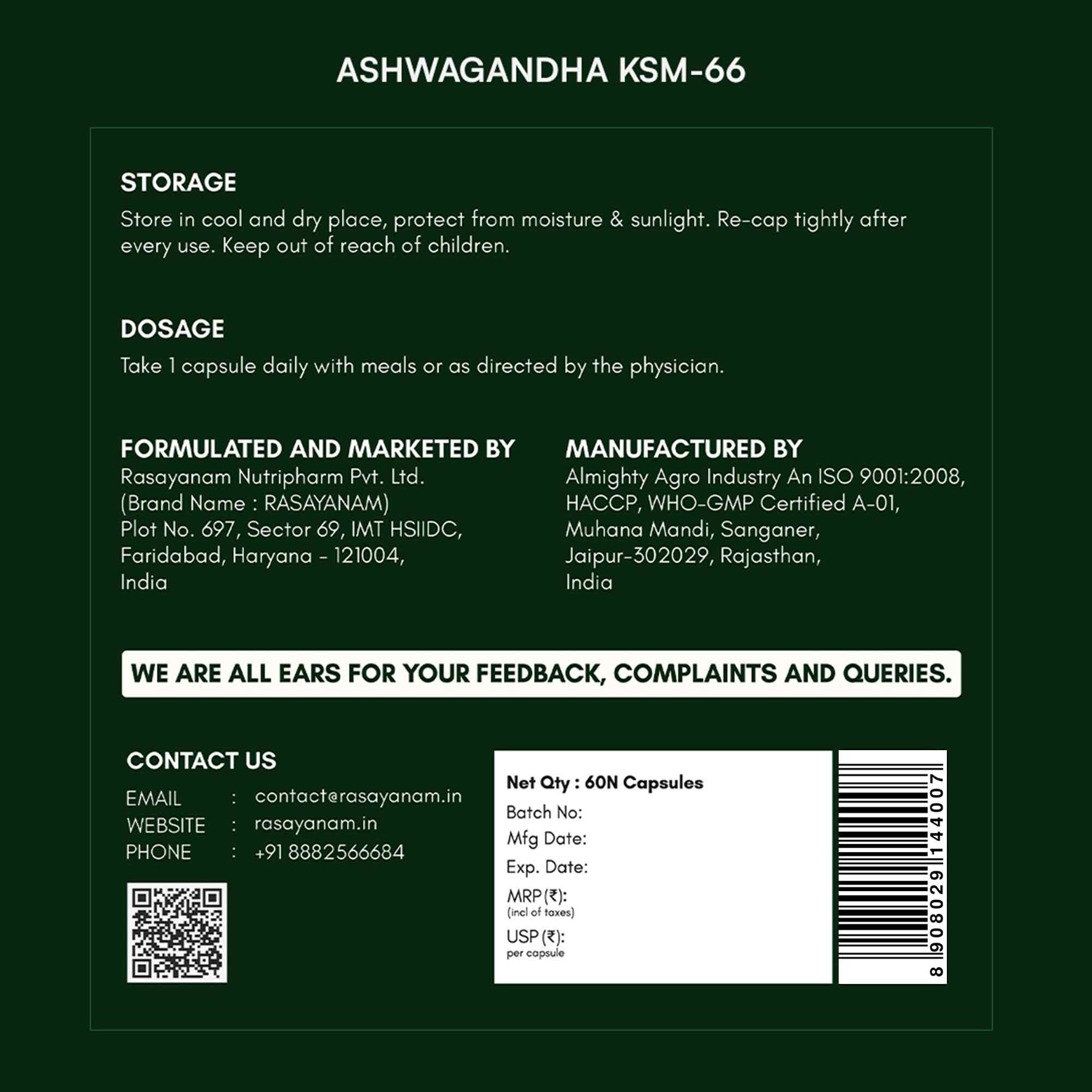 Rasayanam | Ashwagandha KSM-66 | 600 mg Capsules for Stress | Energy & Recovery | 60 Capsules | Pack of 1