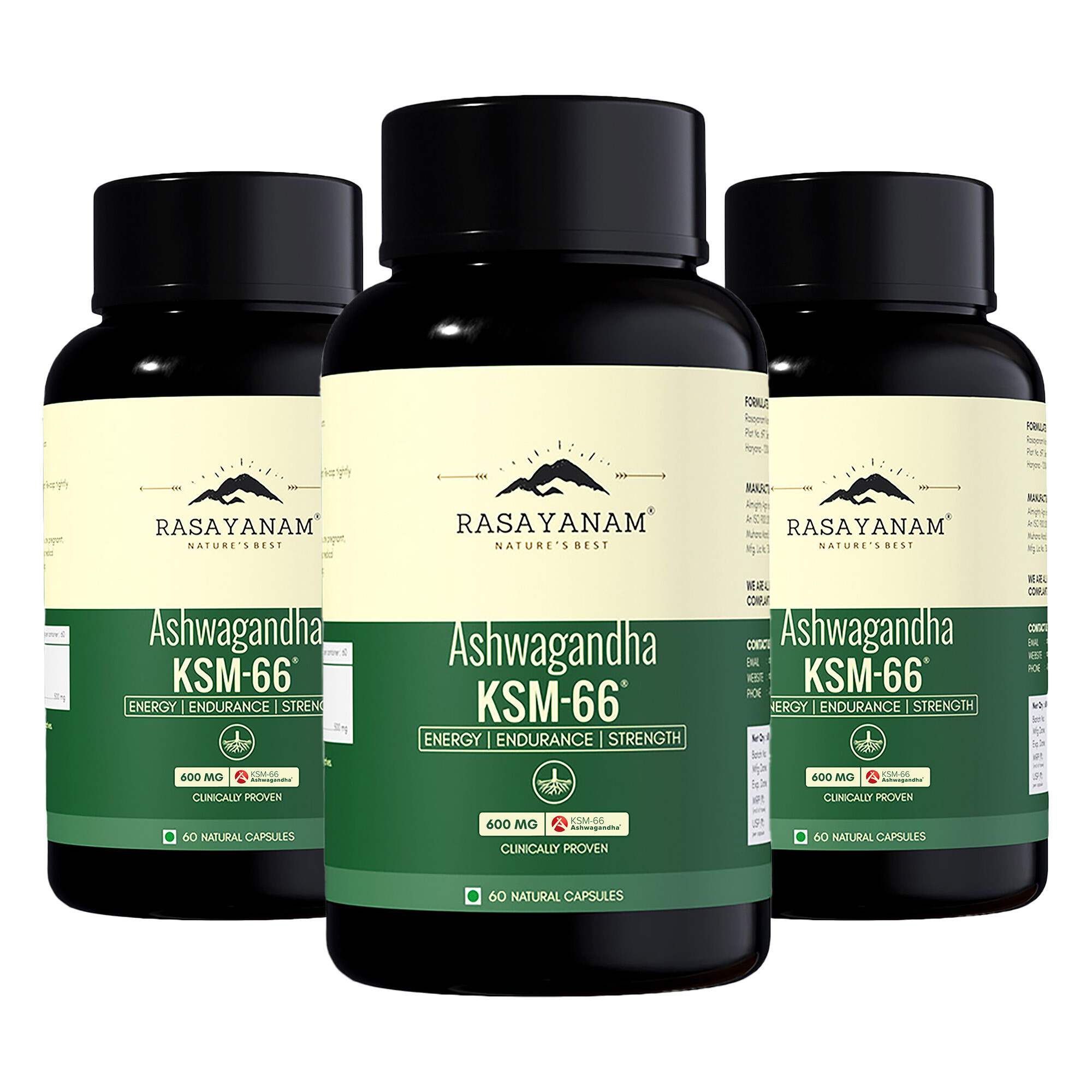 Rasayanam | Ashwagandha KSM-66 | 600 mg Capsules for Stress | Energy & Recovery | 180 Capsules | Pack of 3