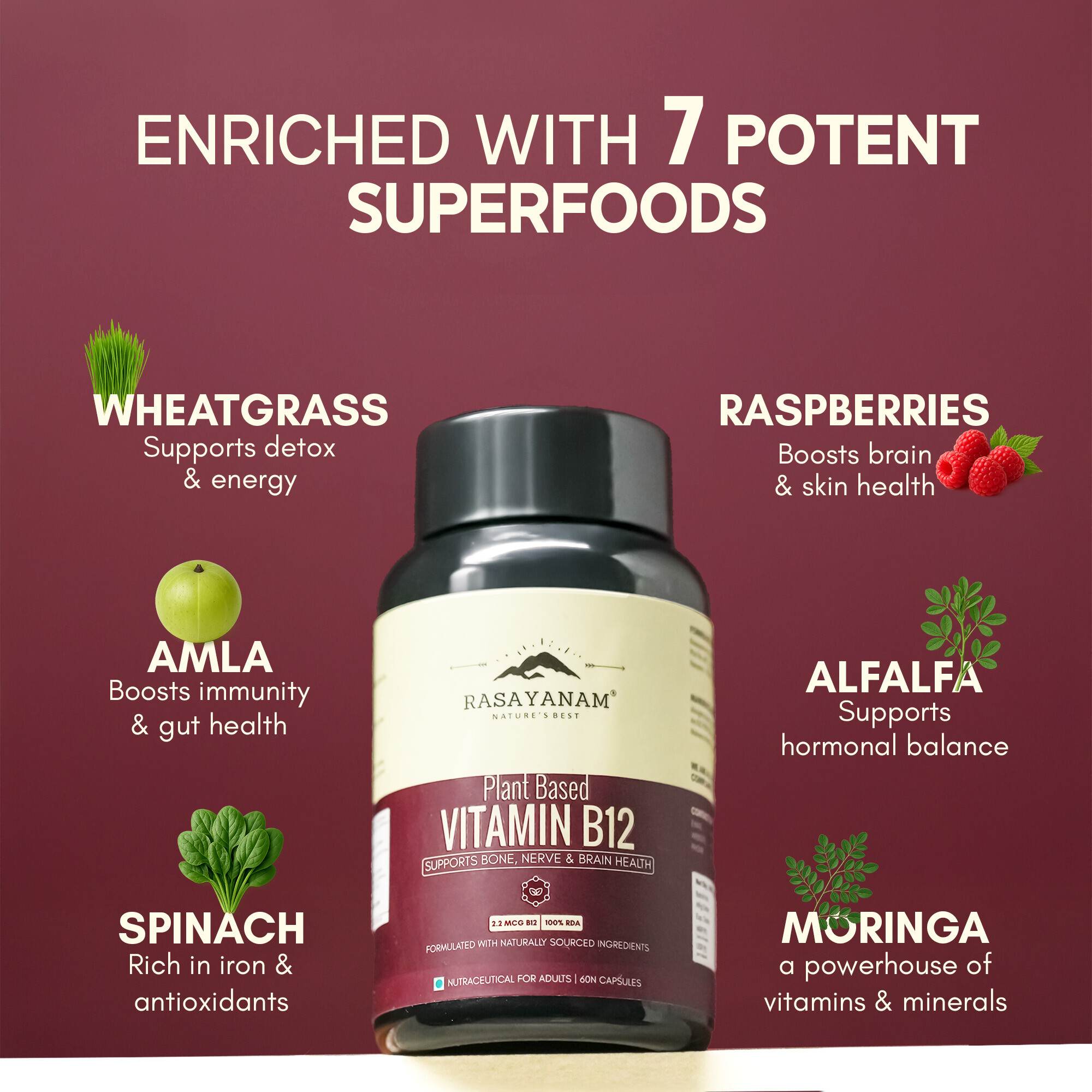 Rasayanam Plant-Based Vitamin B12 | Energy, Nerve & Brain Health | 60 Capsules (Pack of 1)