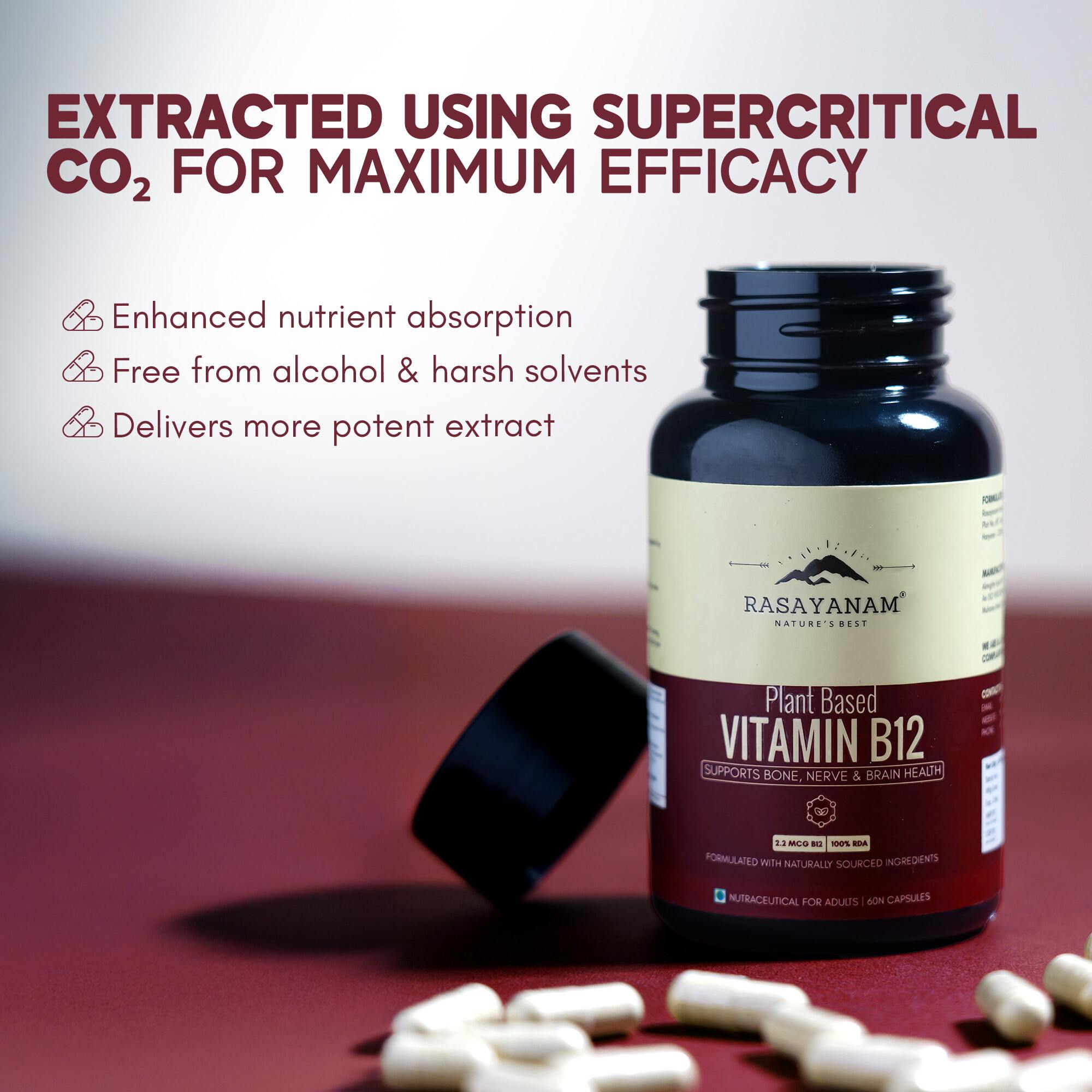 Rasayanam Plant-Based Vitamin B12 | Energy, Nerve & Brain Health | 60 Capsules (Pack of 1)