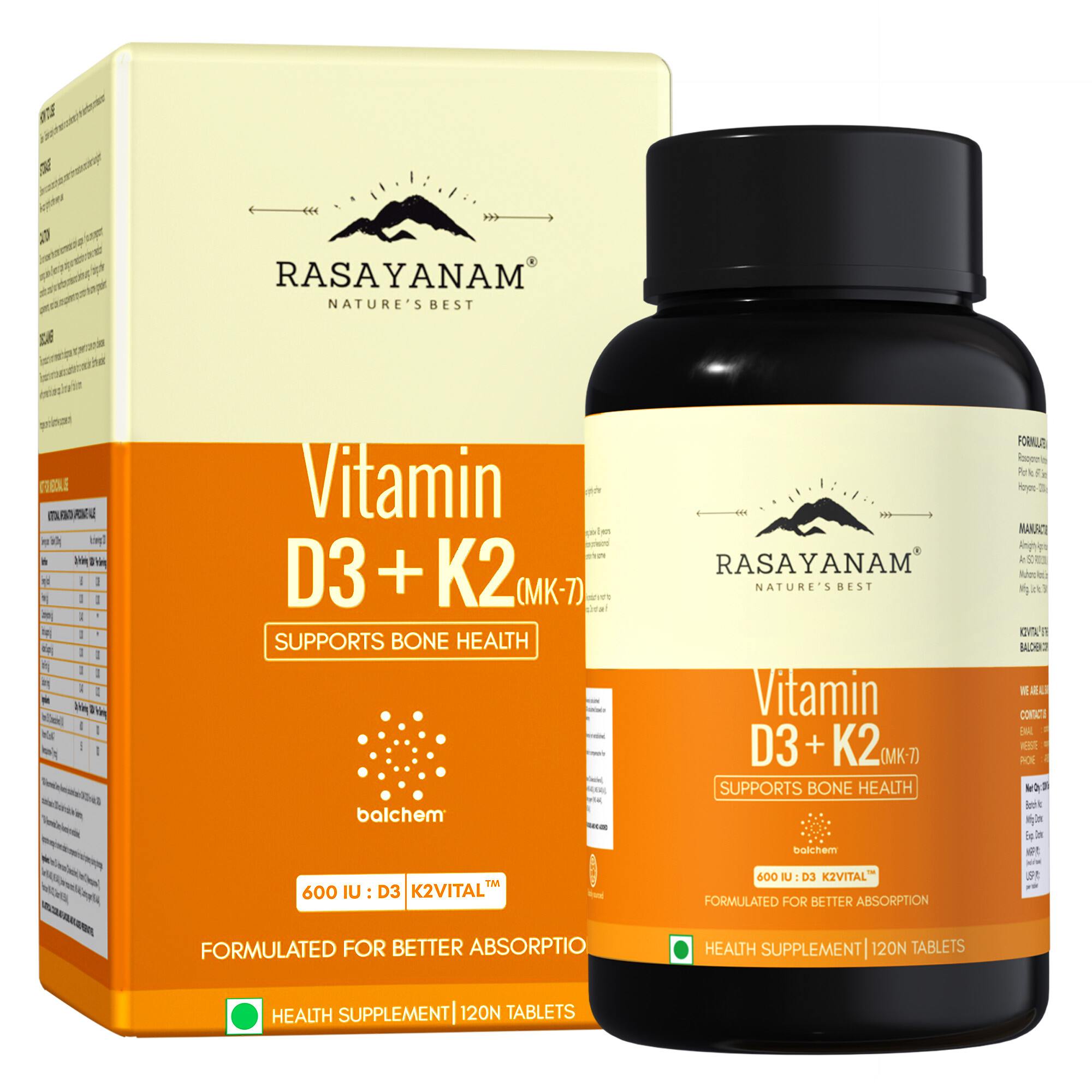 Rasayanam D3+K2 MK-7 Vegan | Balchem K2 | Calcium, Bone & Heart Support | 120 Tablets (Pack of 1)
