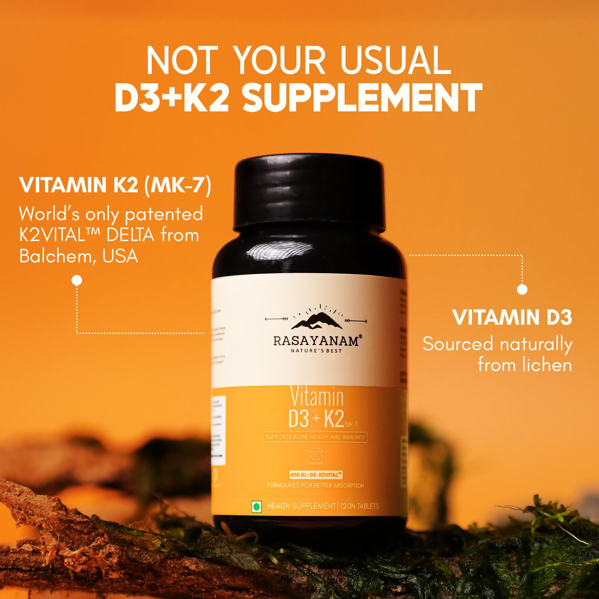 Rasayanam D3+K2 MK-7 Vegan | Balchem K2 | Calcium, Bone & Heart Support | 120 Tablets (Pack of 1)