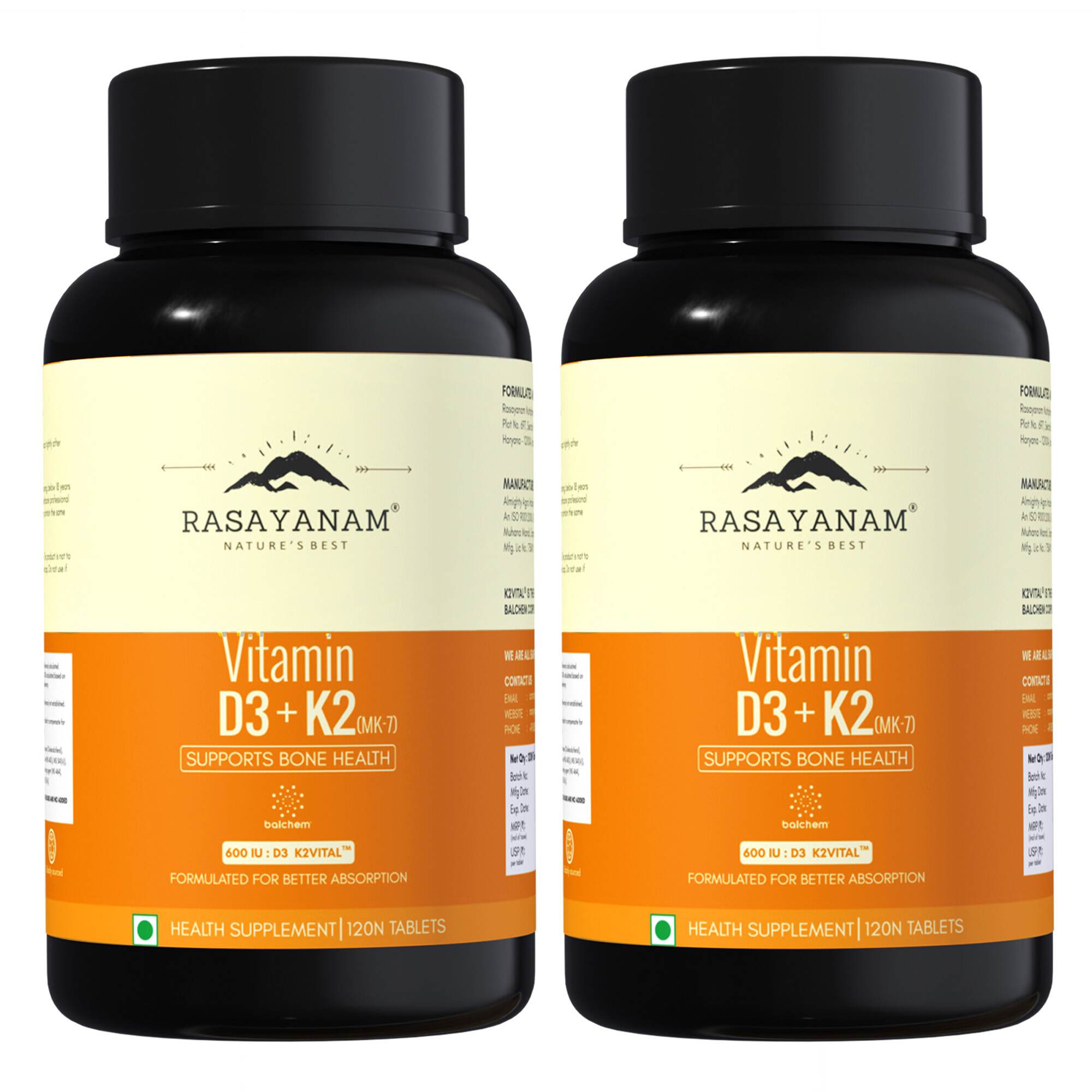 Rasayanam D3+K2 MK-7 Vegan | Balchem K2 | Calcium, Bone & Heart Support | 240 Tablets (Pack of 1)
