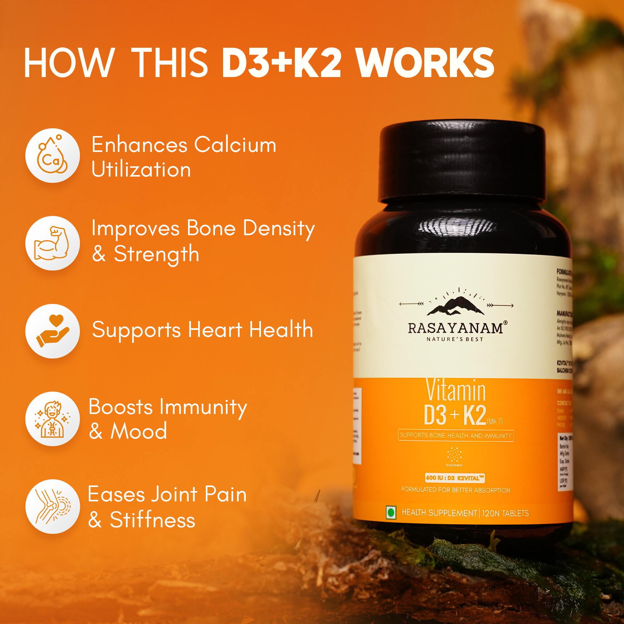 Rasayanam D3+K2 MK-7 Vegan | Balchem K2 | Calcium, Bone & Heart Support | 240 Tablets (Pack of 1)