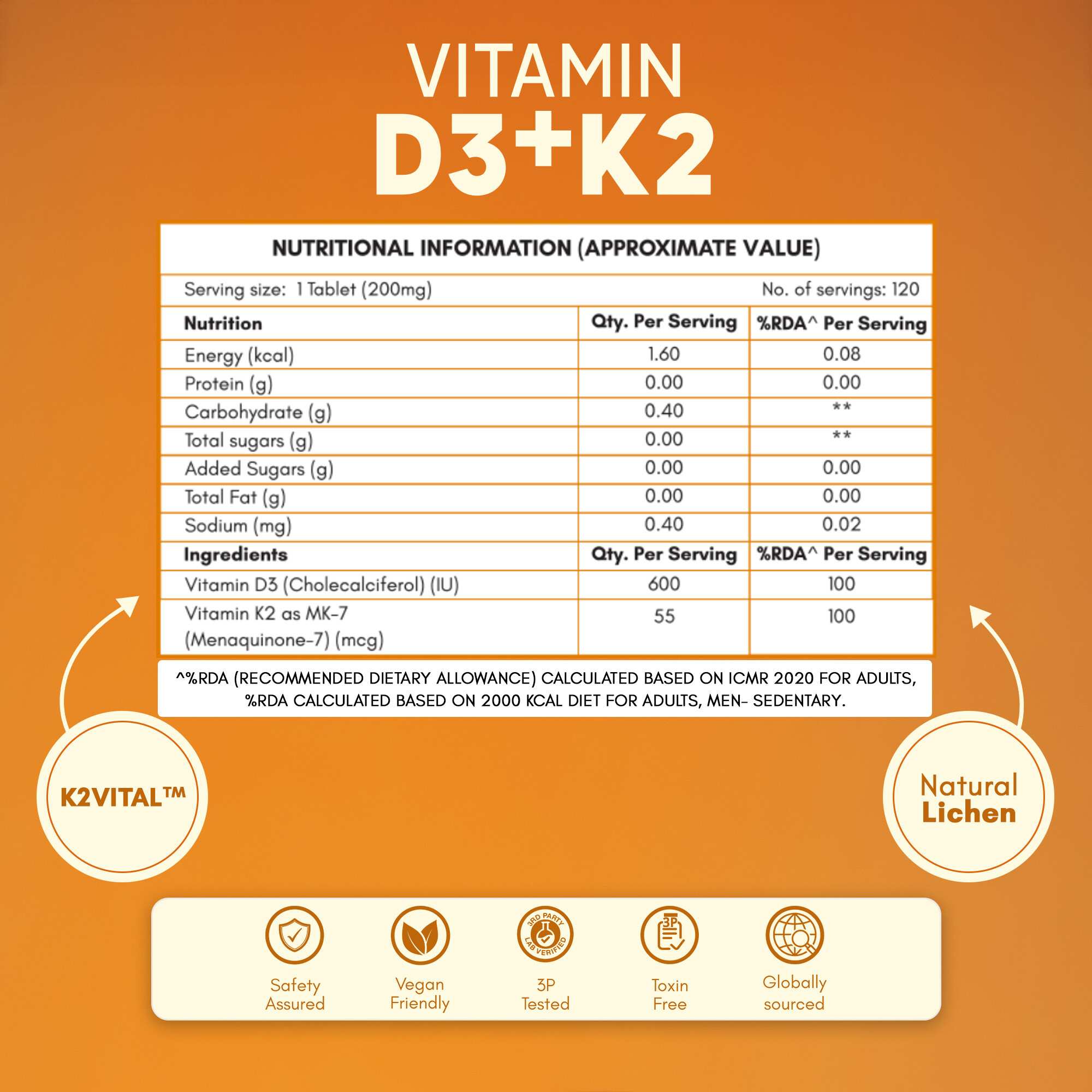 Rasayanam D3+K2 MK-7 Vegan | Balchem K2 | Calcium, Bone & Heart Support | 240 Tablets (Pack of 1)