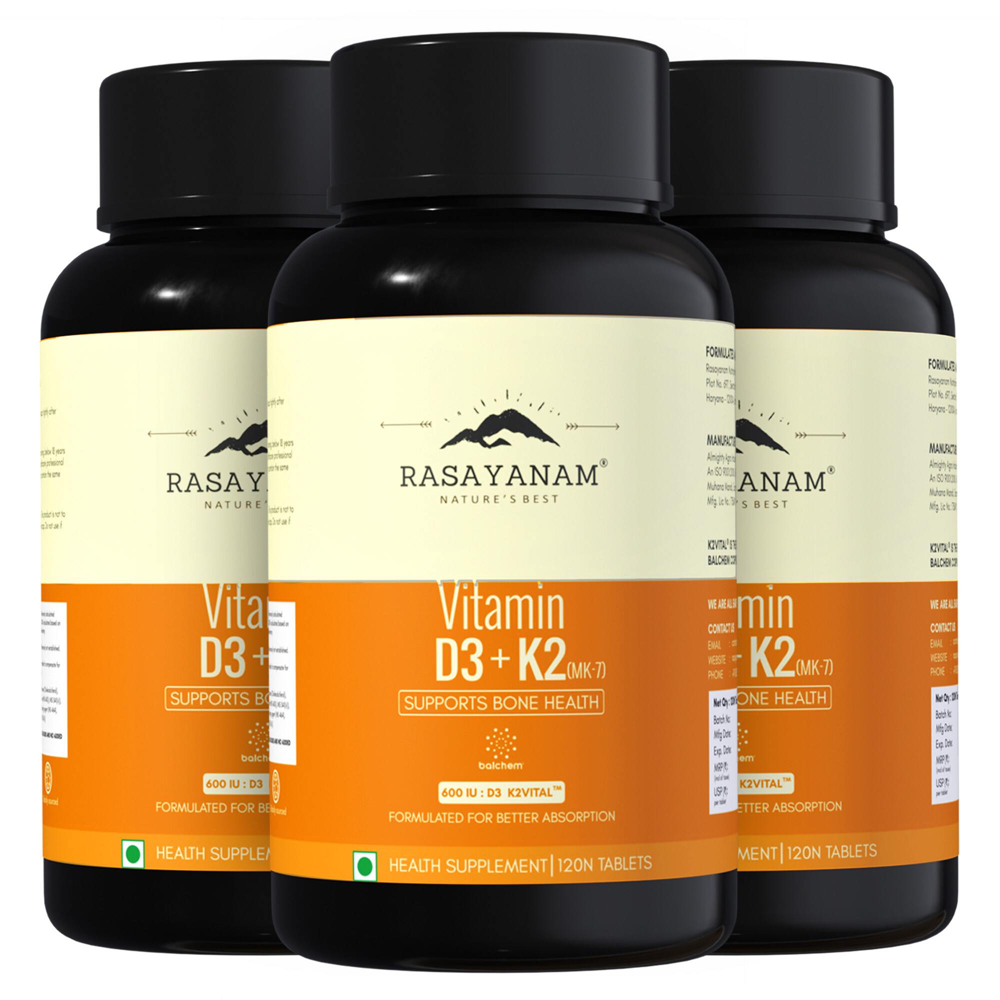 Rasayanam D3+K2 MK-7 Vegan | Balchem K2 | Calcium, Bone & Heart Support | 360 Tablets (Pack of 1)